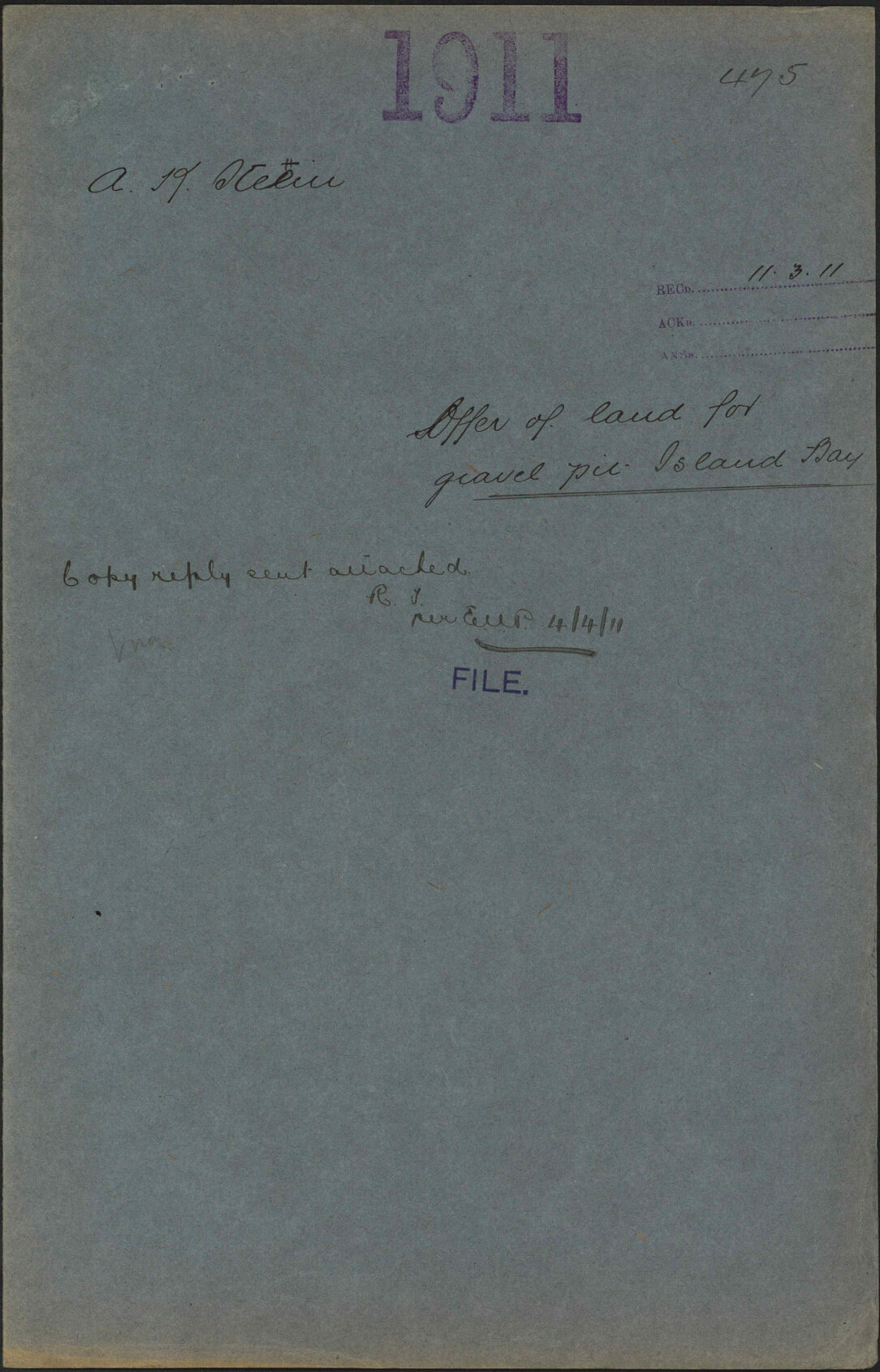 Offer of land for gravel pit, Island Bay - A K Stelin