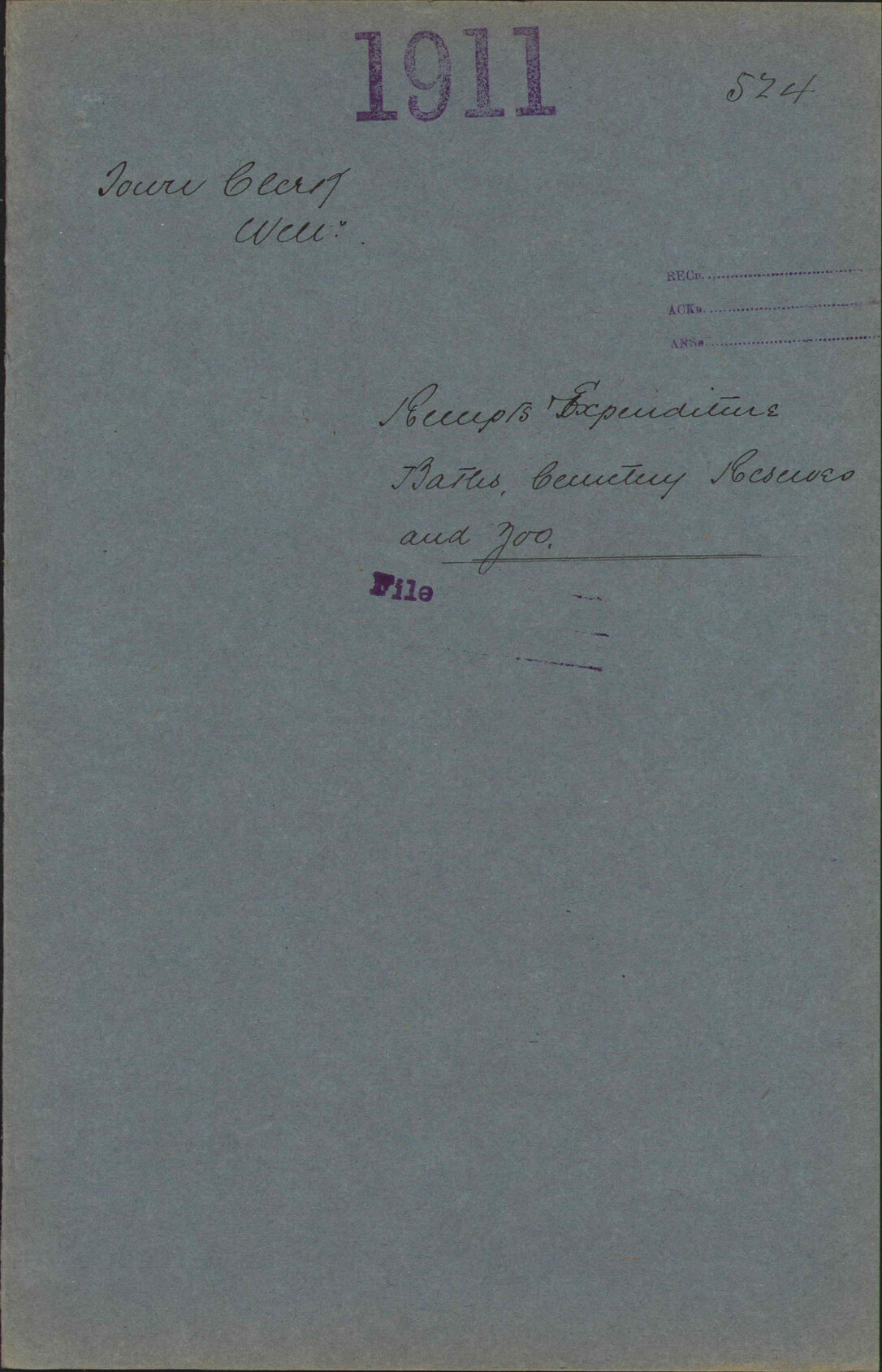 Receipts and Expenditure, Baths, Cemetery, Reserves and Zoo - Town Clerk, Wellington