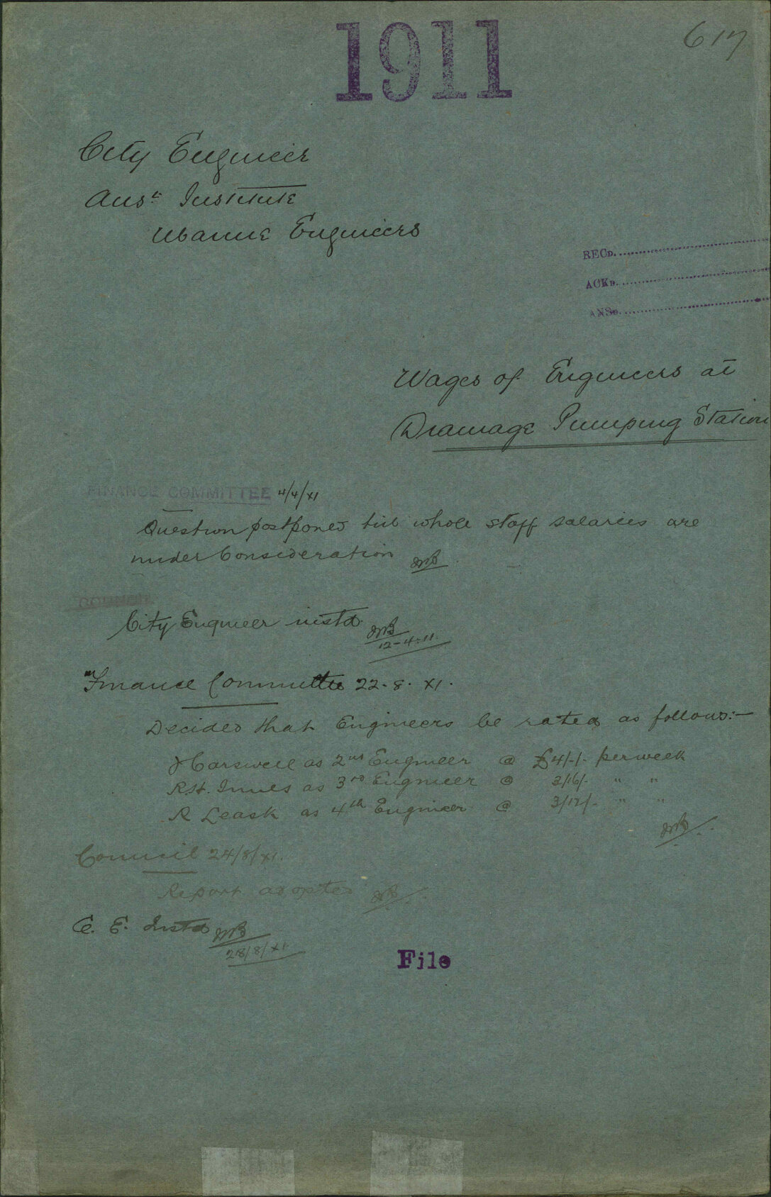 Wages of Engineers at Drainage Pumping Station - City Engineer; Australian Institute of Marine Engineers