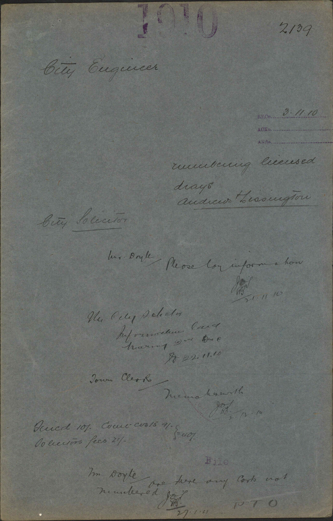 Numbering licensed drays, Andrews and Lissington - City Engineer