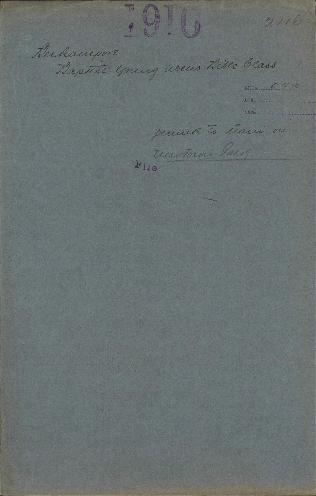 Permits to train on Newtown Park - Berhampore Baptist Young Men's Bible Class