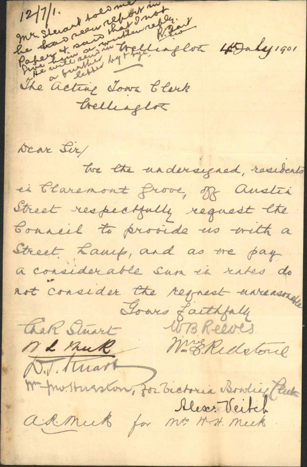 Asking for lamp at Claremont Grove, Chas R Stuart and others