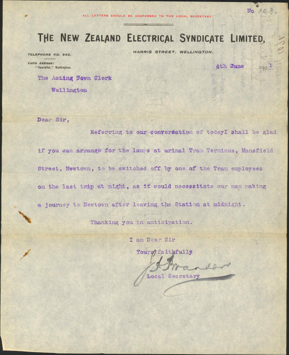 Lamp at Mansfield Street urinal - New Zealand Electrical Syndicate