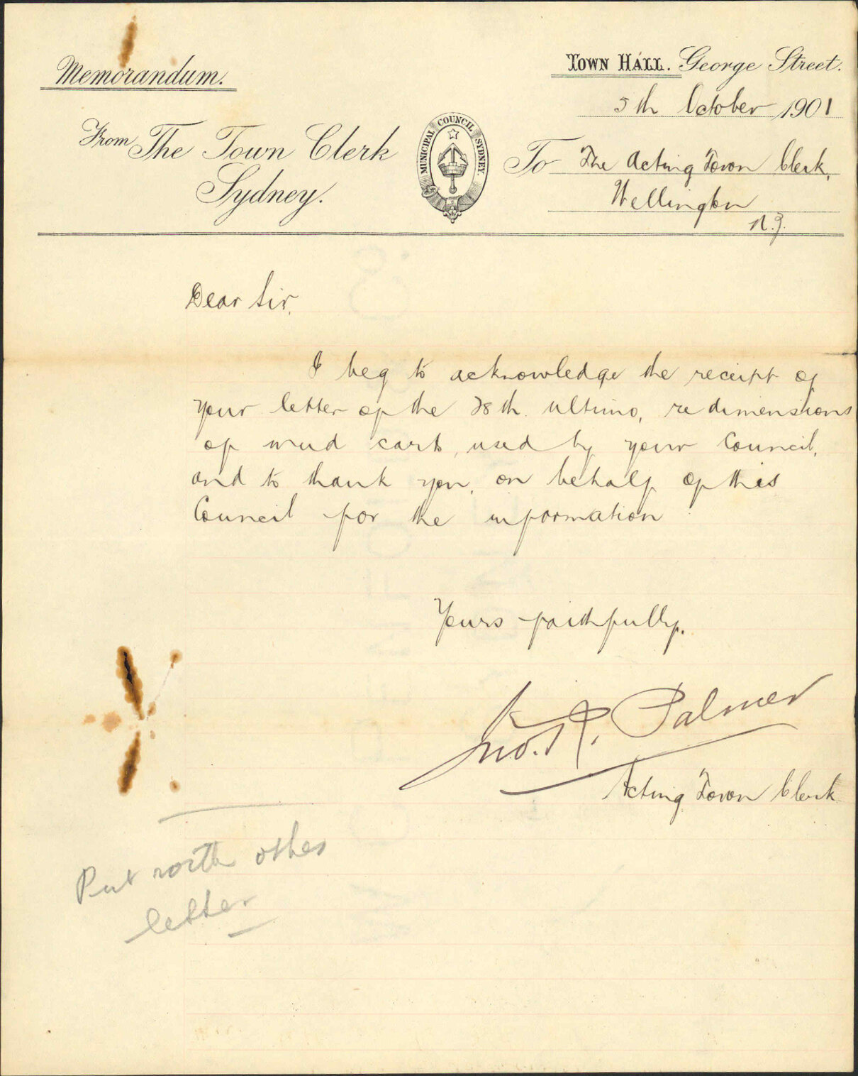Enquiry regarding rubbish carts - Town Clerk, Sydney