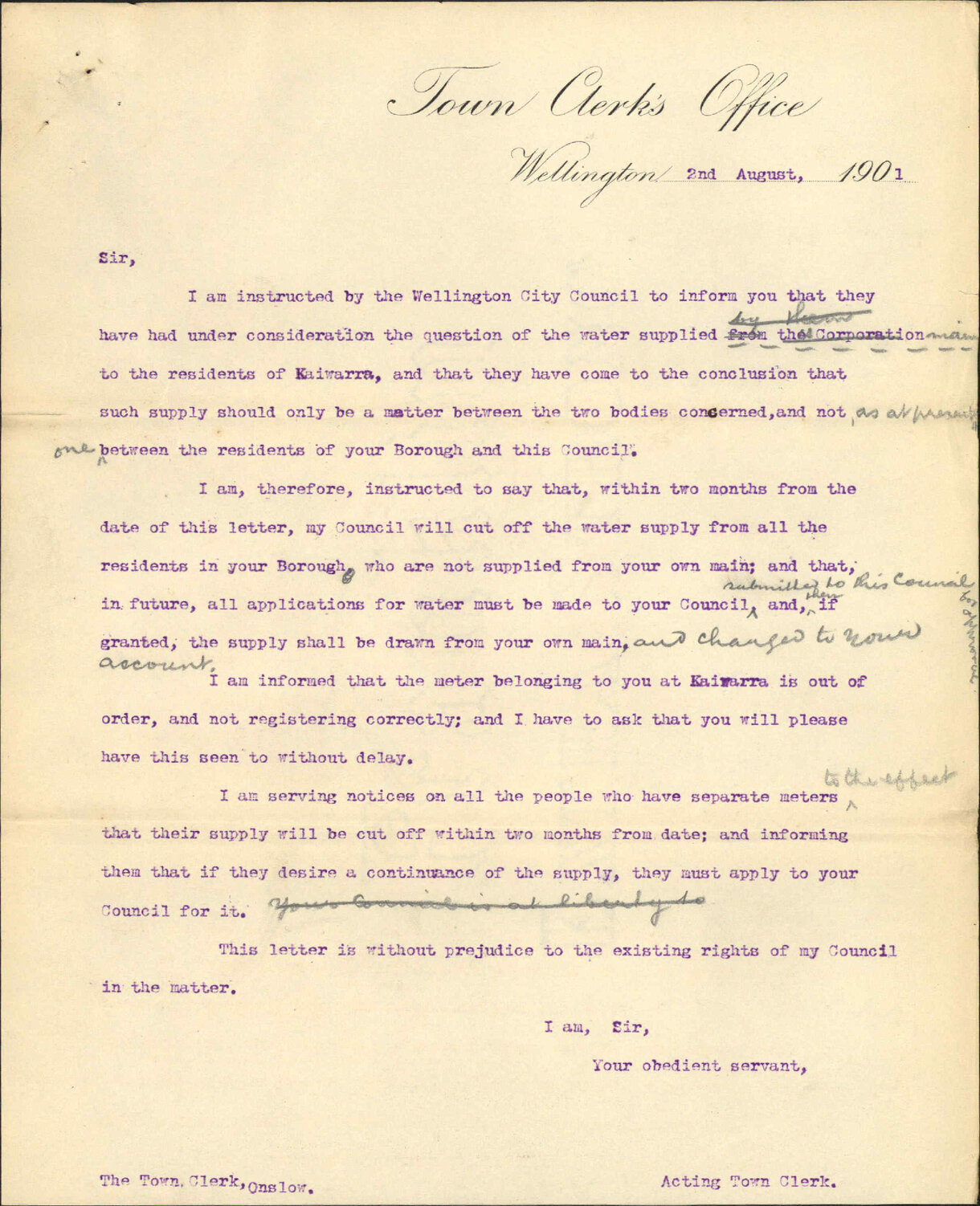 Asking for water supply to his premises - L and P Pickering, Kaiwarra [Kaiwharawhara]
