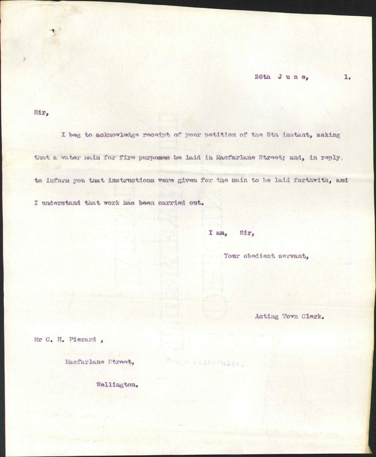 Asking for water main in Macfarlane Street - C H Pierard and others
