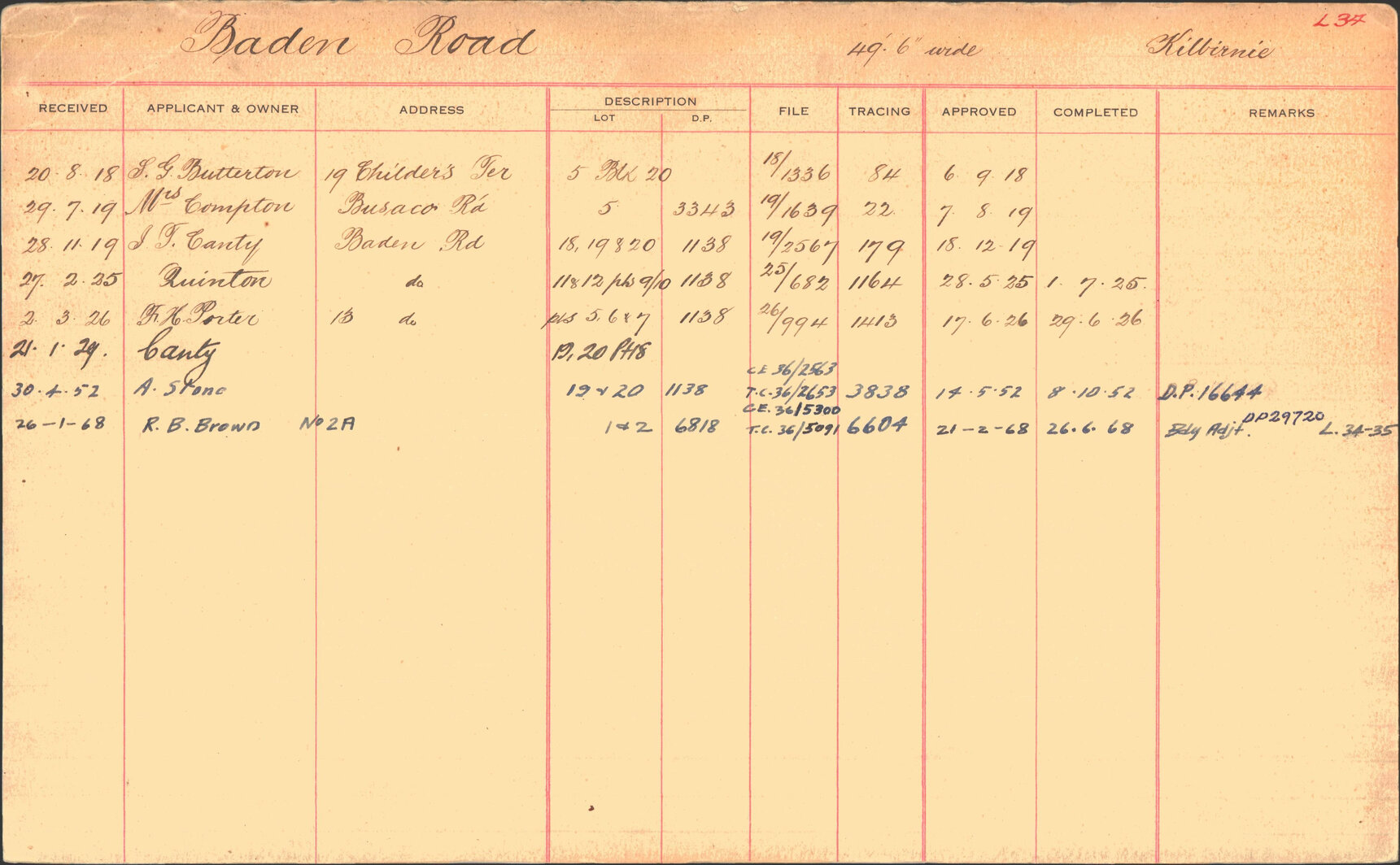 Subdivision index cards, streets starting with B
