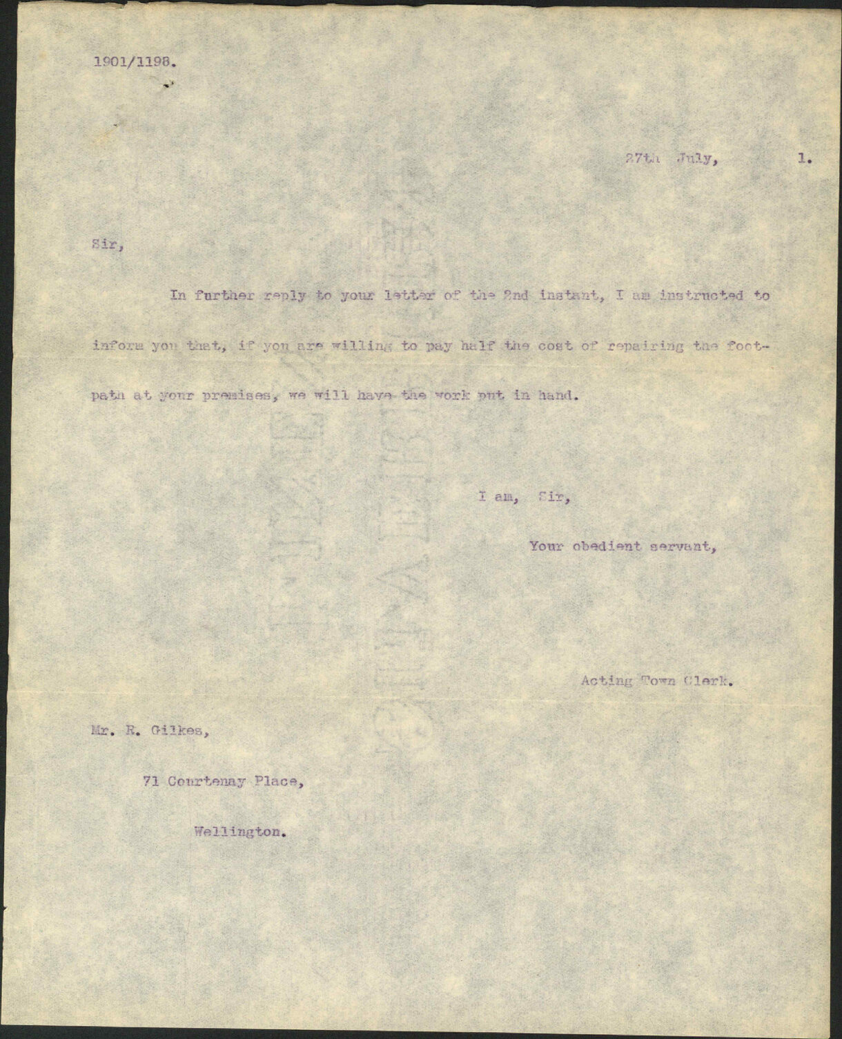 Asking repairs to Courtenay Place - R Gilkes