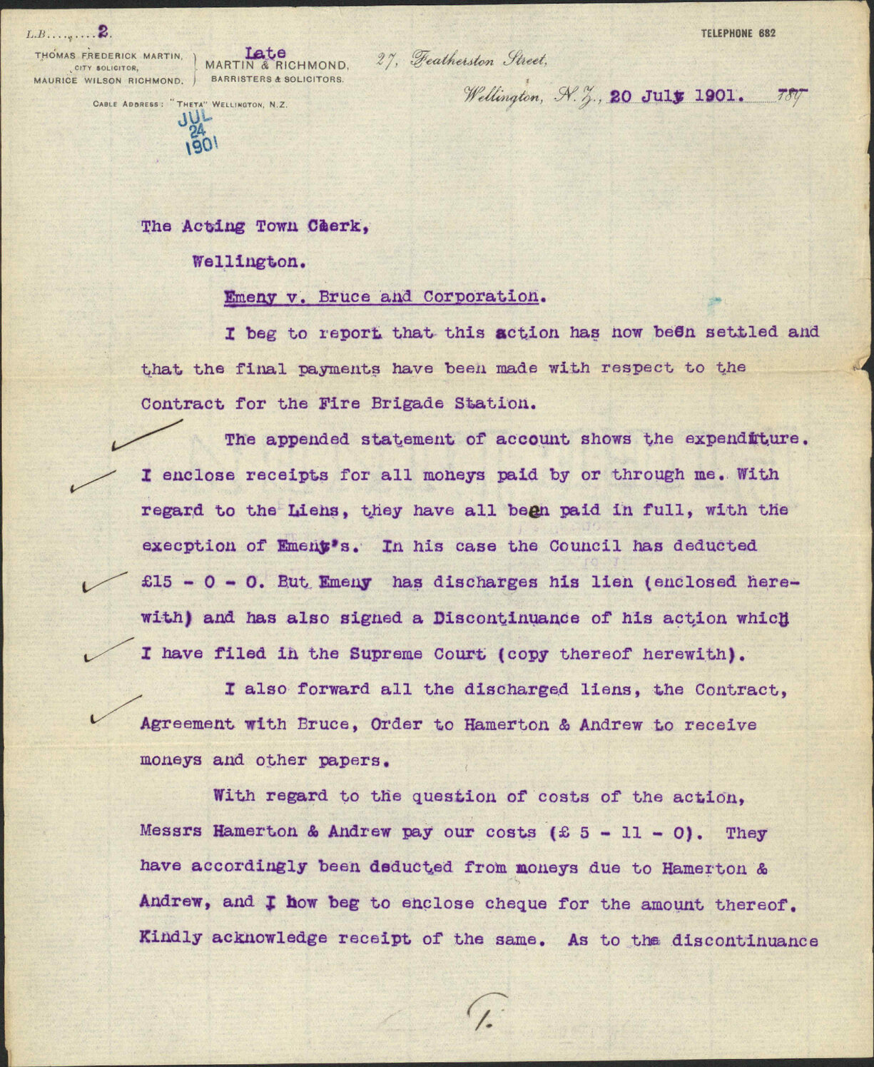 TF Martin (City Solicitor) to Town Clerk, re Emeny V. Bruce and Corporation