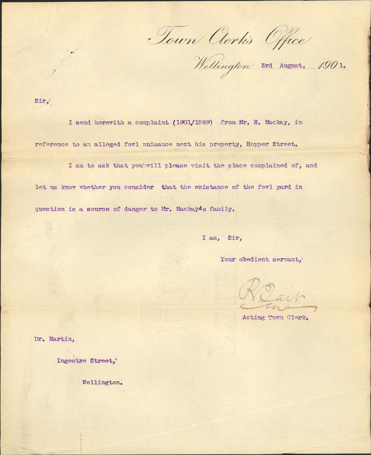 Complaint regarding fowls near his premises - H Mackay
