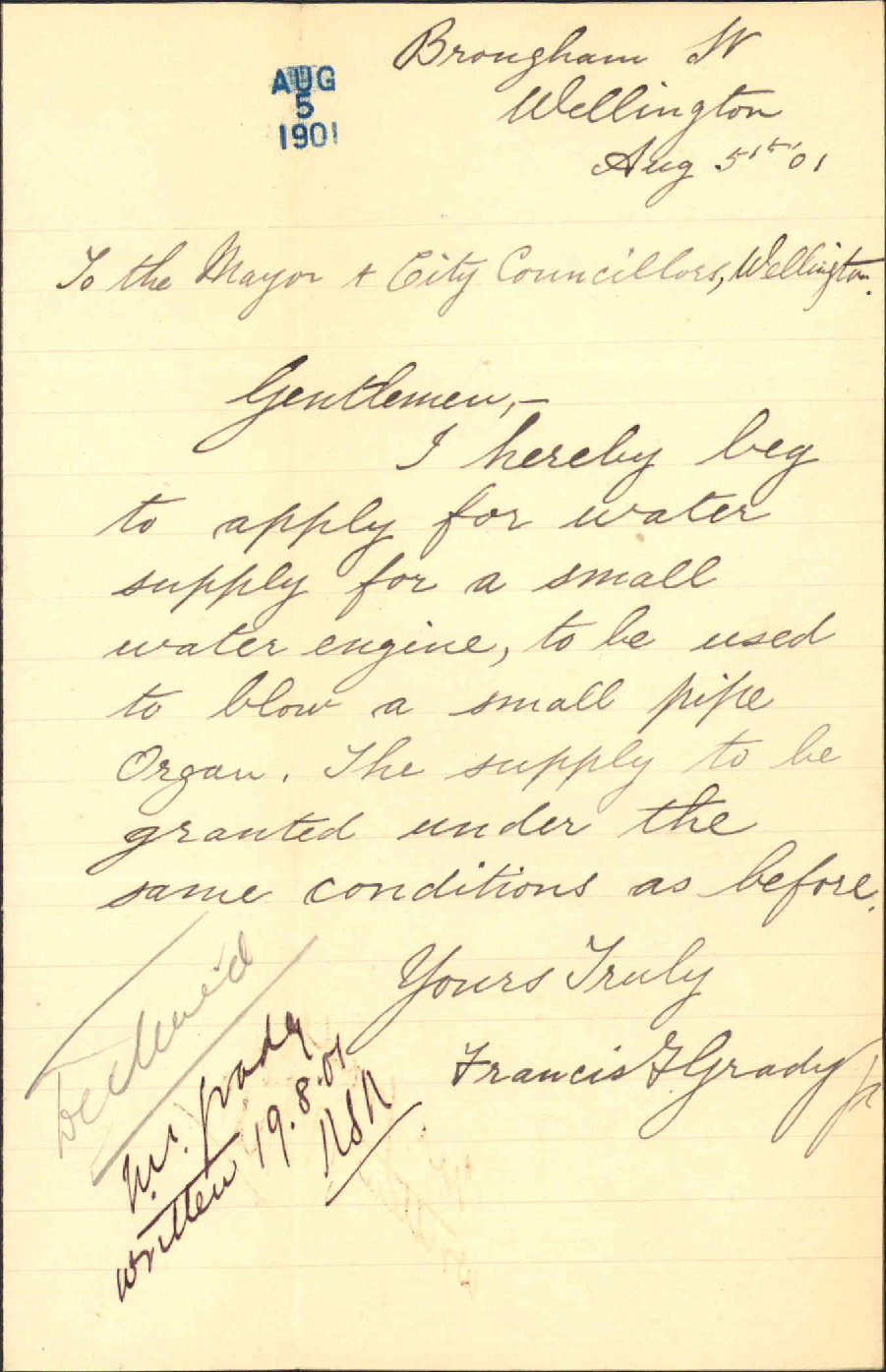 Application for water services - F F Grady
