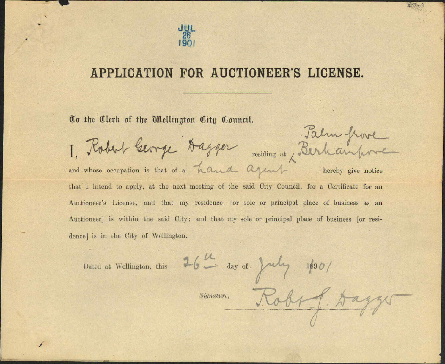 Application for auctioneer's license - R G Dagger