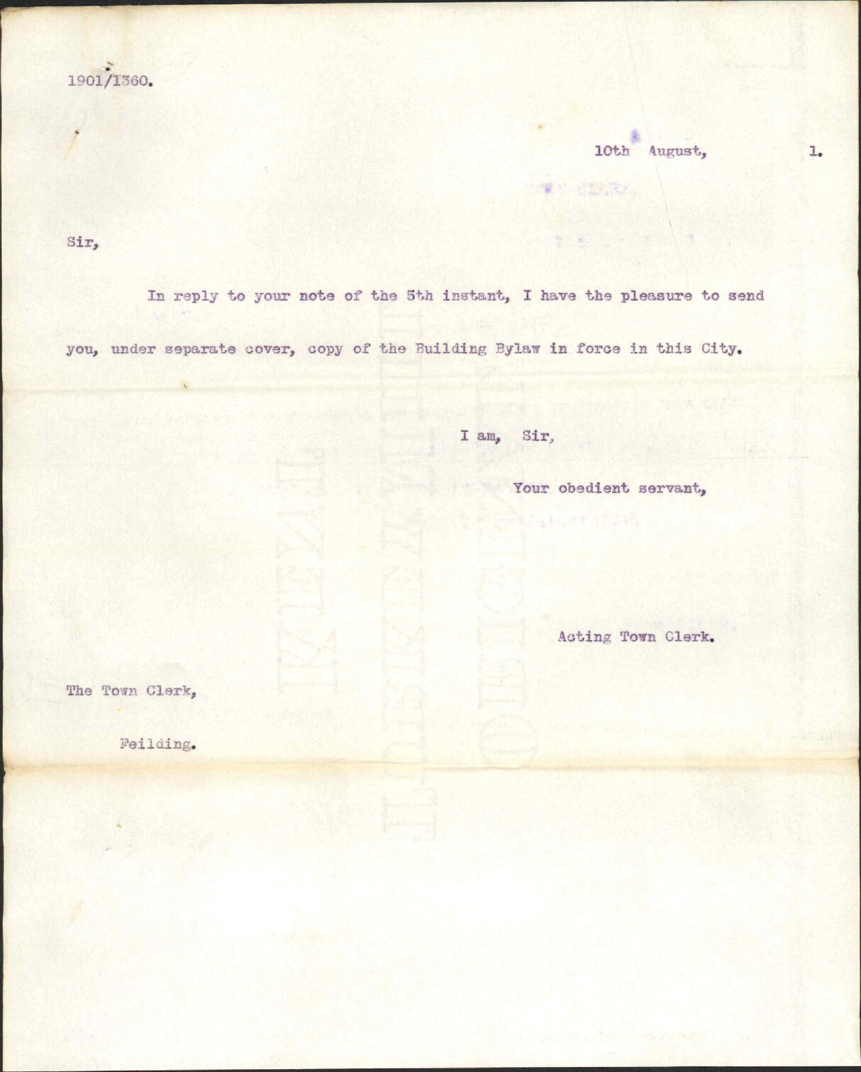 Asking for copy of Building Bylaw - Town Clerk, Feilding