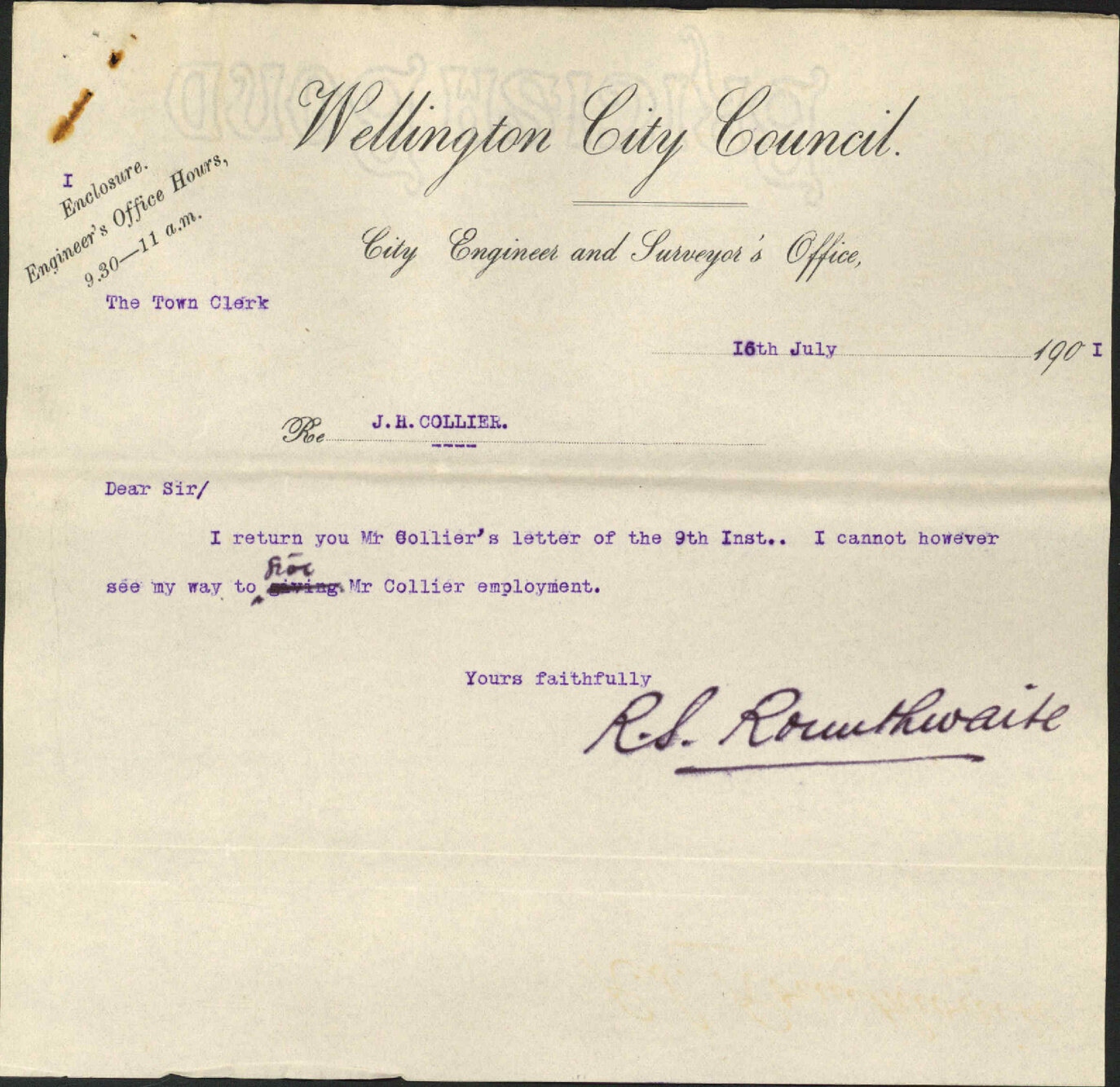 Application for employment - J H Collier