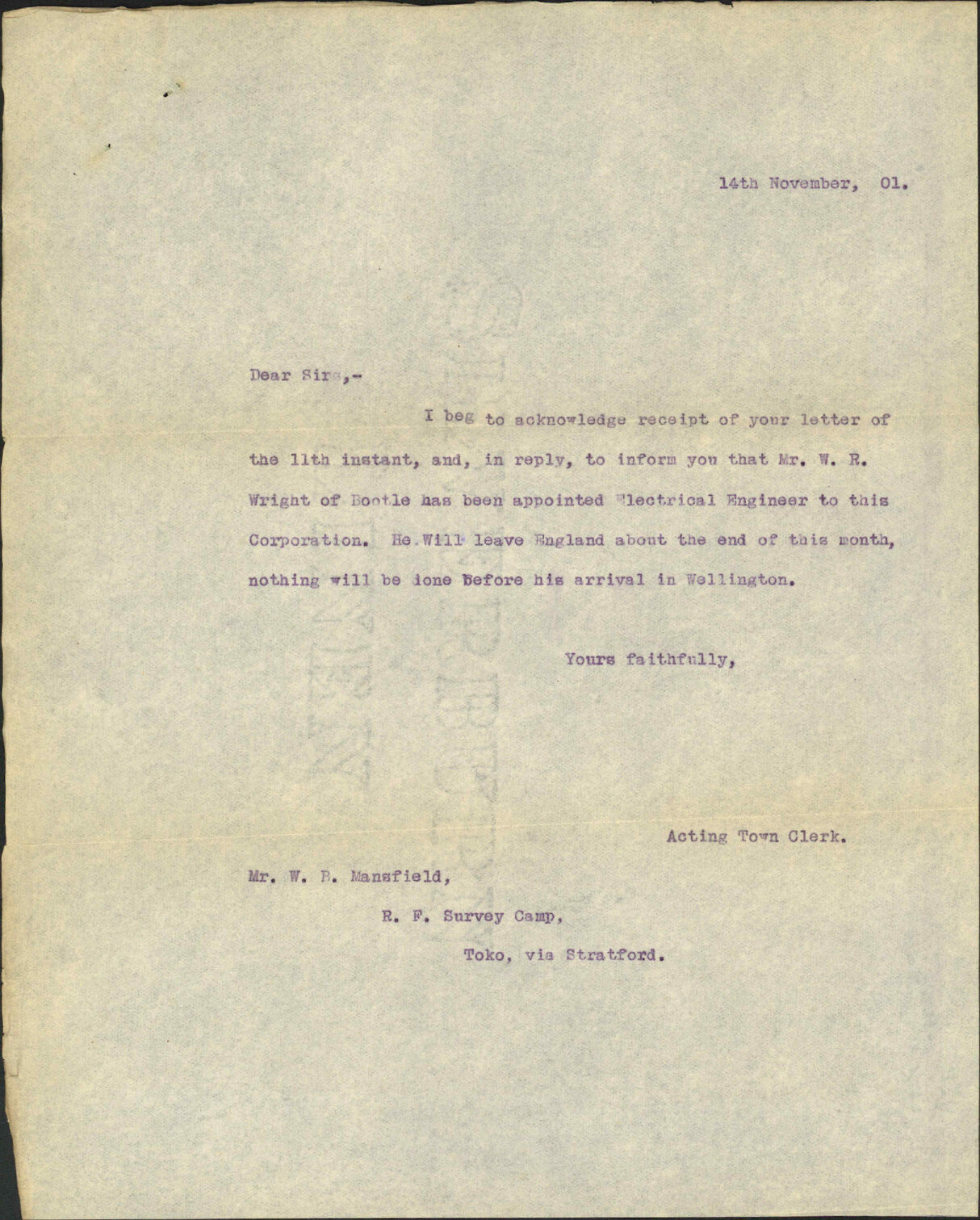 Application regarding tramways - W B Manfield