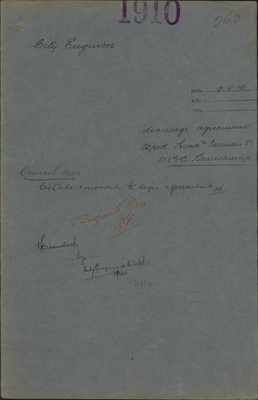 Drainage agreement, Oxford Road and Tasman Street, Mrs C Beauchamp - City Engineer