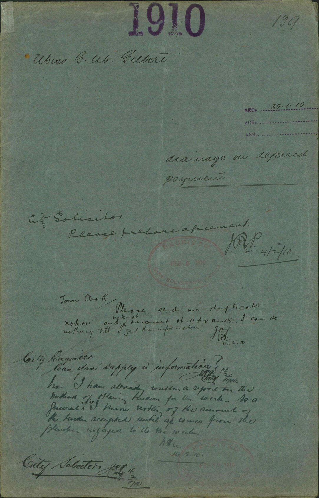 Drainage on deferred payment - Miss G M Gilbert
