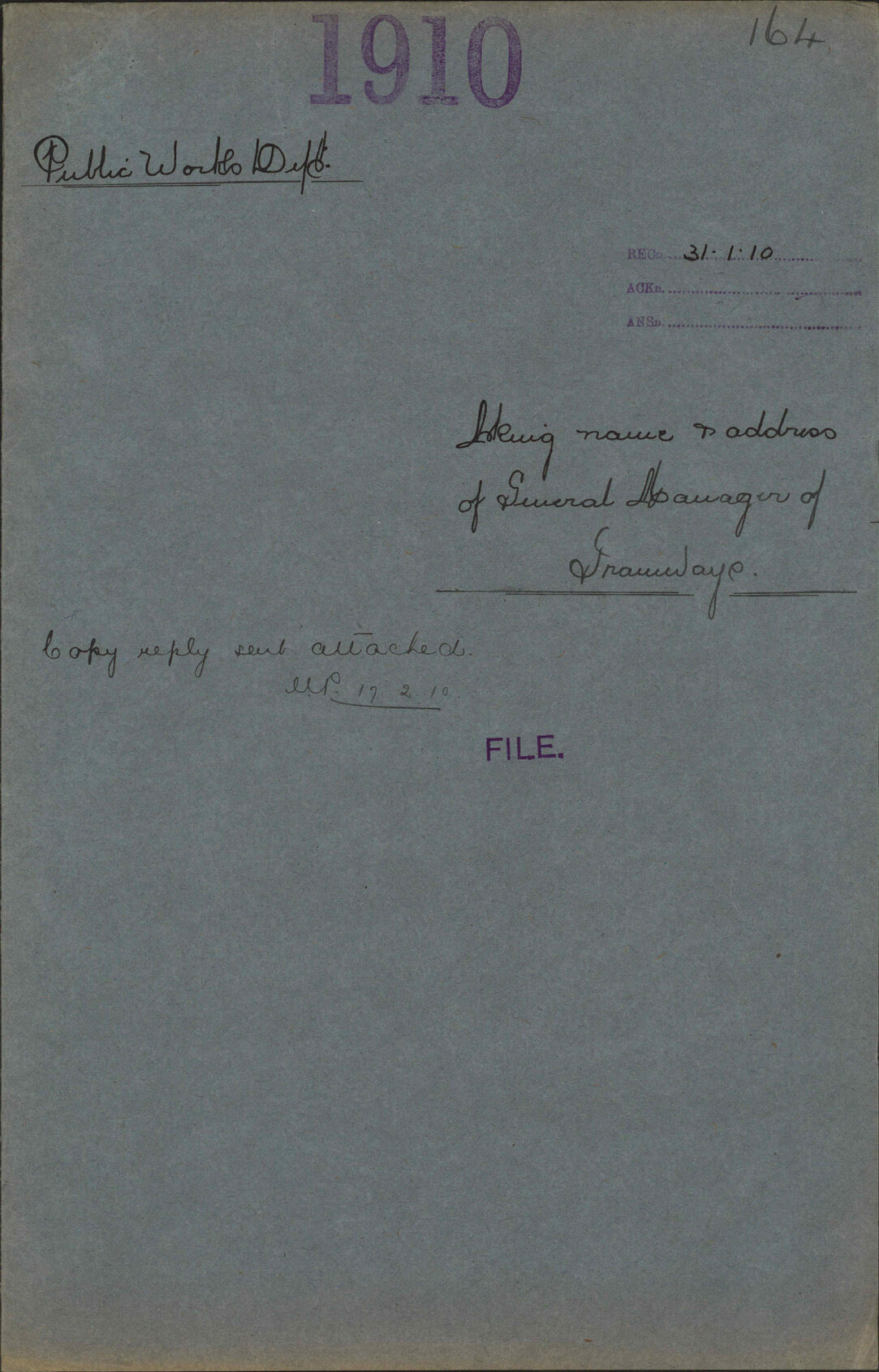 [Looking for] name and address of General Manager of Tramways - Public Works Department