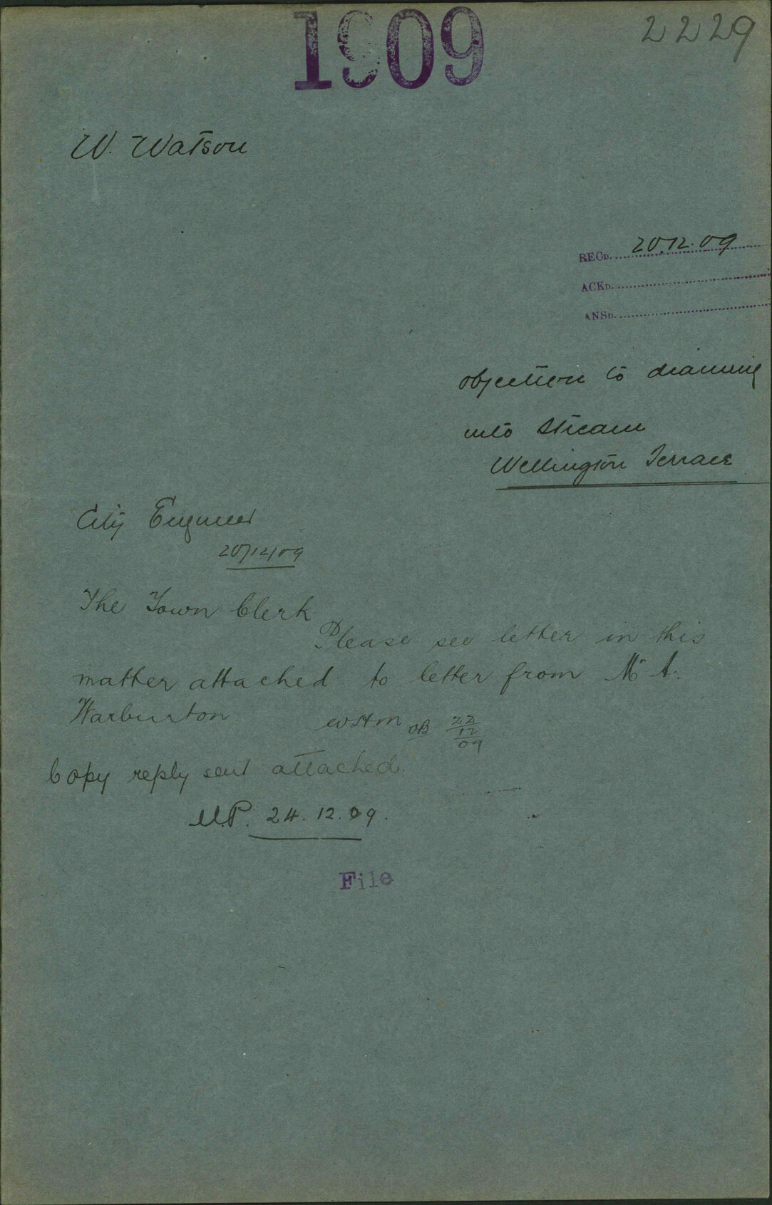Objecting to draining into stream, Wellington Terrace - W Watson