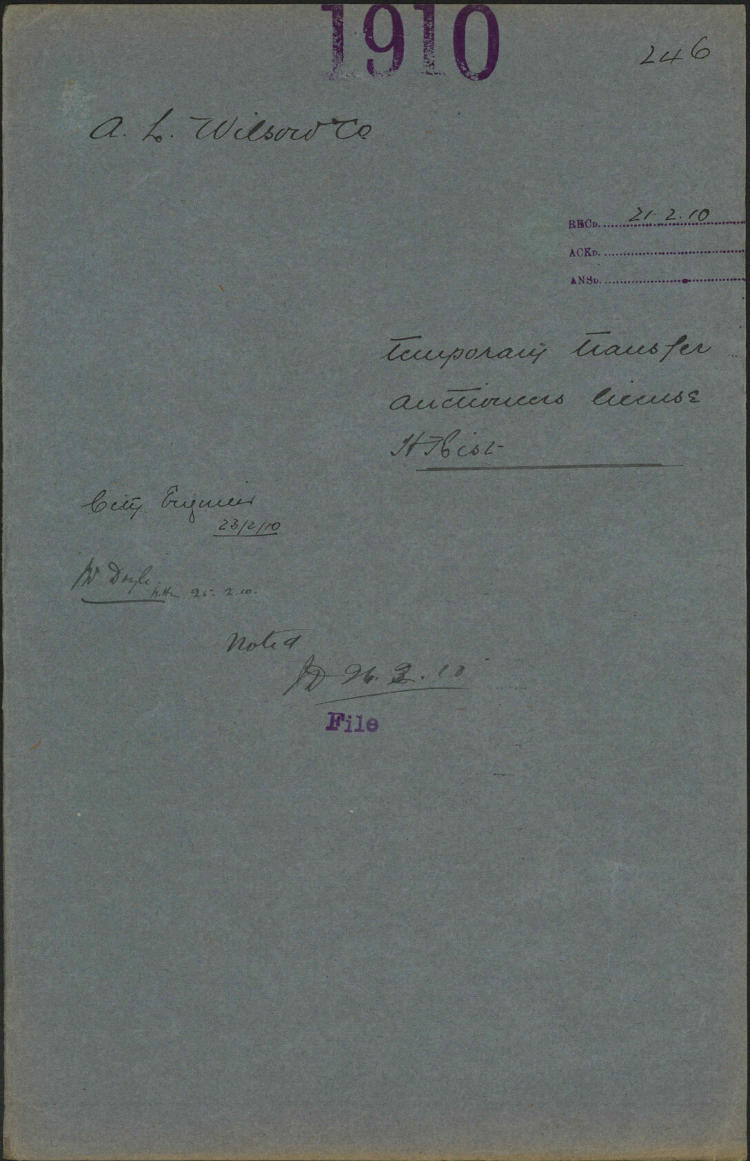 Temporary transfer [of] Auctioneers license, H Rist - A L Wilson and Co