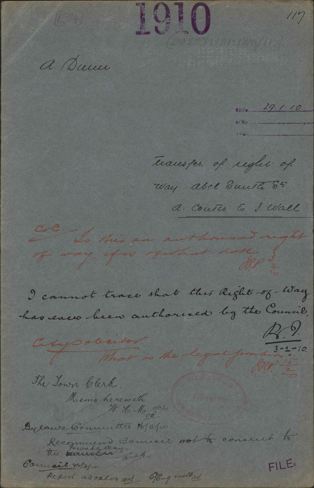 Transfer of right-of-way, Abel Smith Street, A Coutts to J Wall - A Dunn