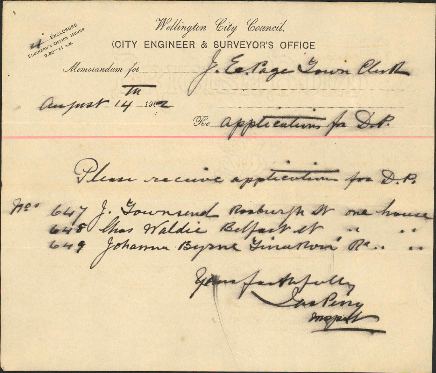 To the Town Clerk from the City Engineer. Application for deferred payment