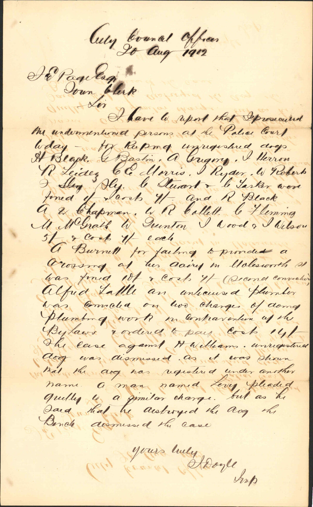 To the Town Clerk from the Inspector of Nuisances RE: prosecutions