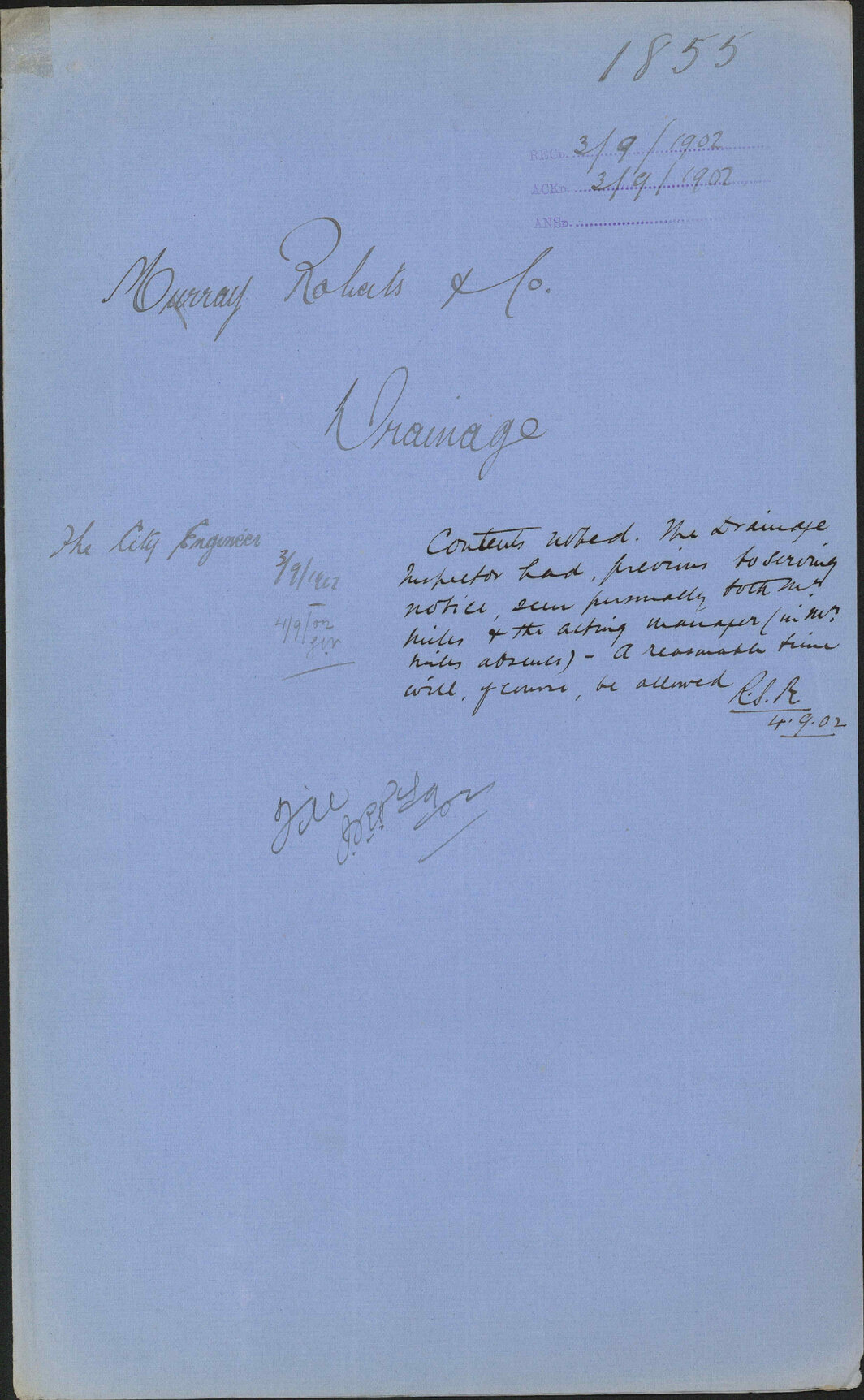 Drainage at Mulgrave Street, to the Town Clerk from Murray Roberts &amp; Co