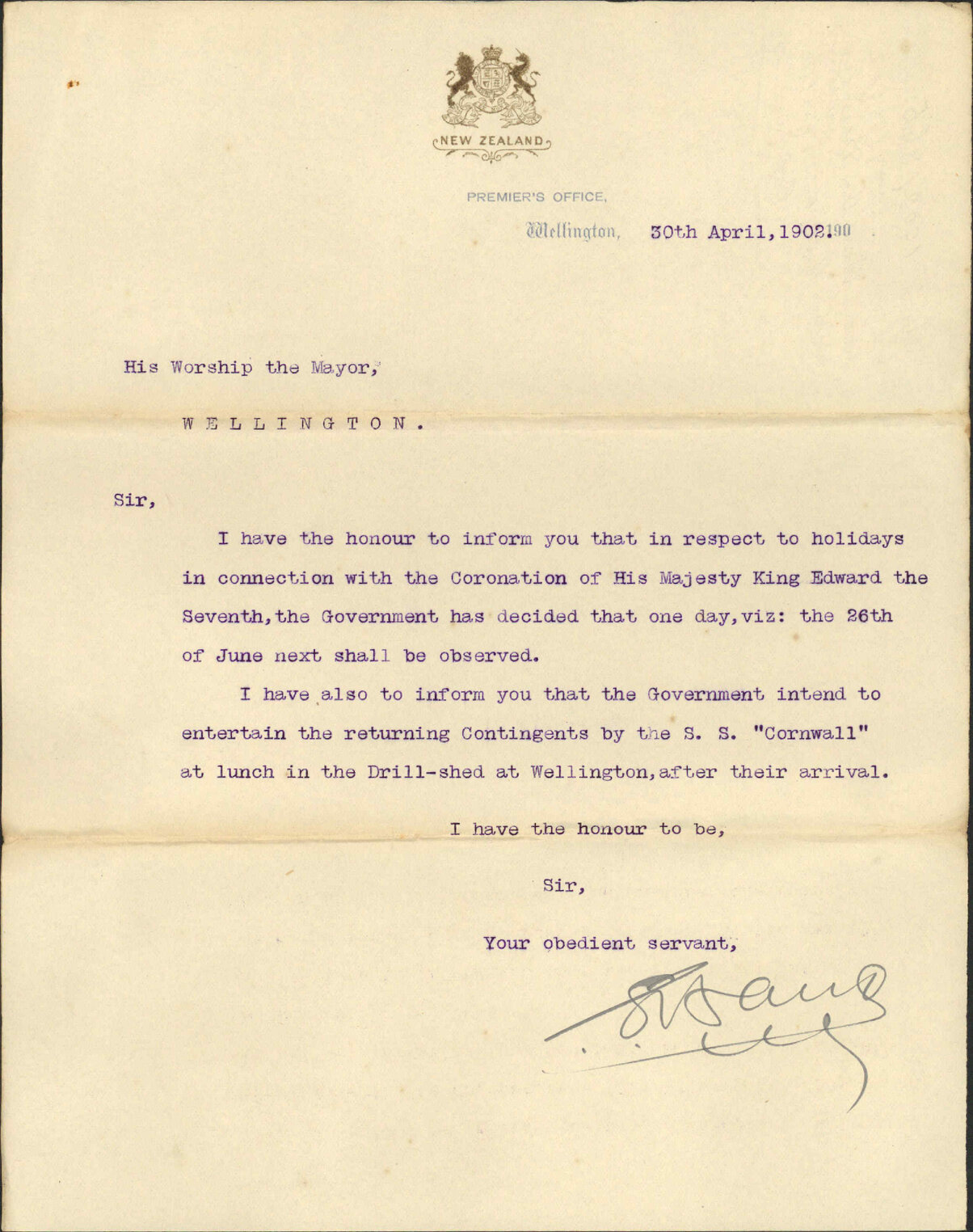 Holiday for the Coronation. To the Mayor from the Premier.