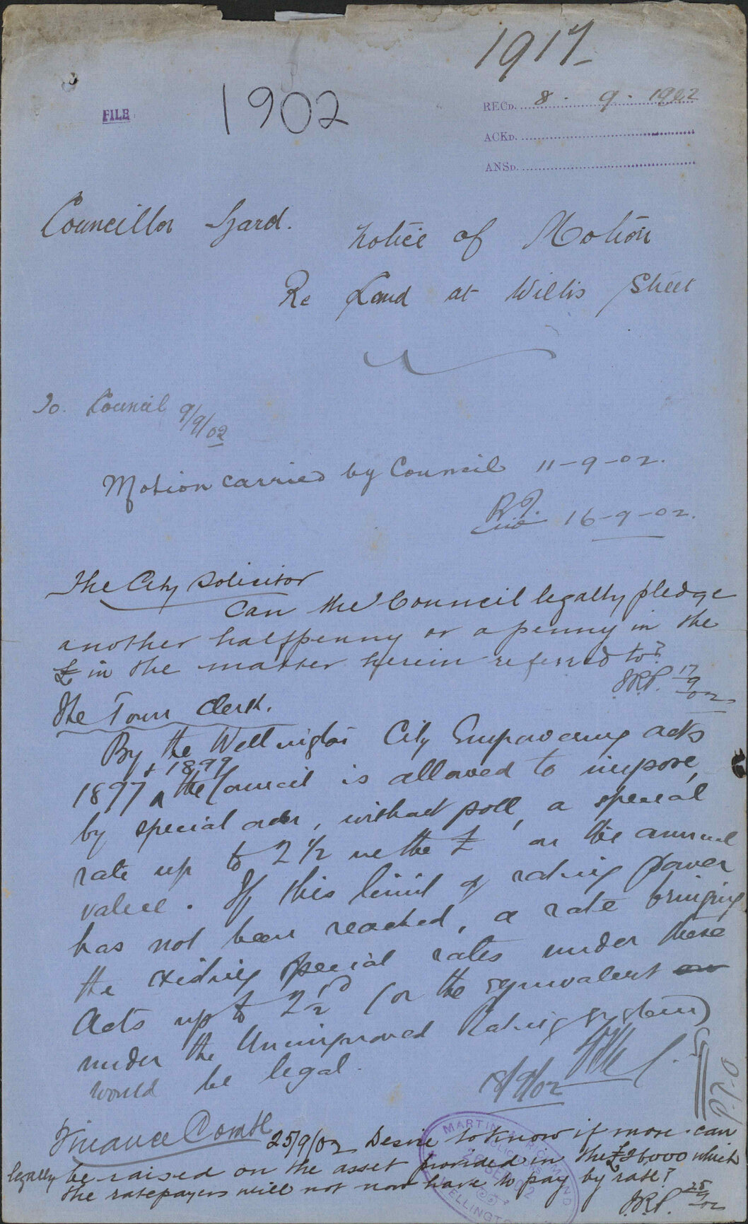 Notice of motion RE: land at Willis Street