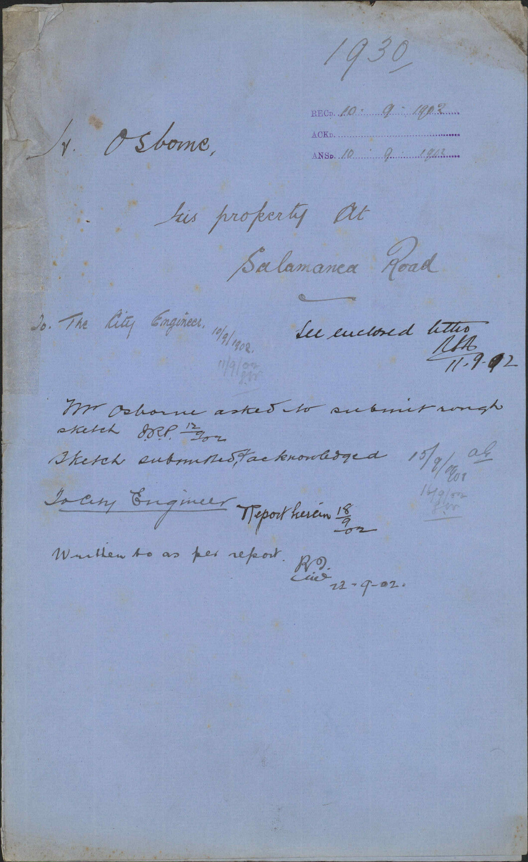 H. Osborne's property at Salamanca Road
