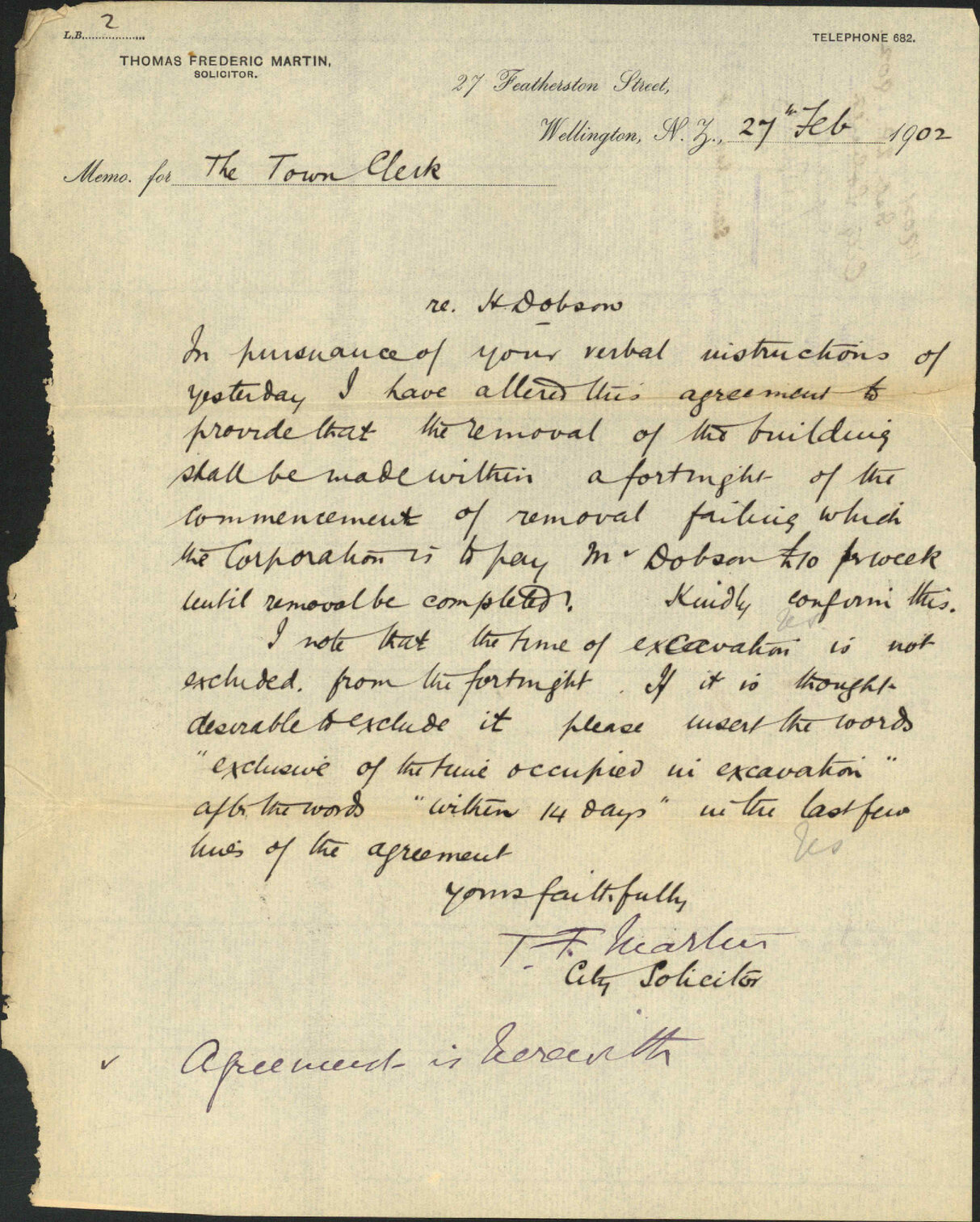 Dobson's property. To the Town Clerk, from the City Solicitor