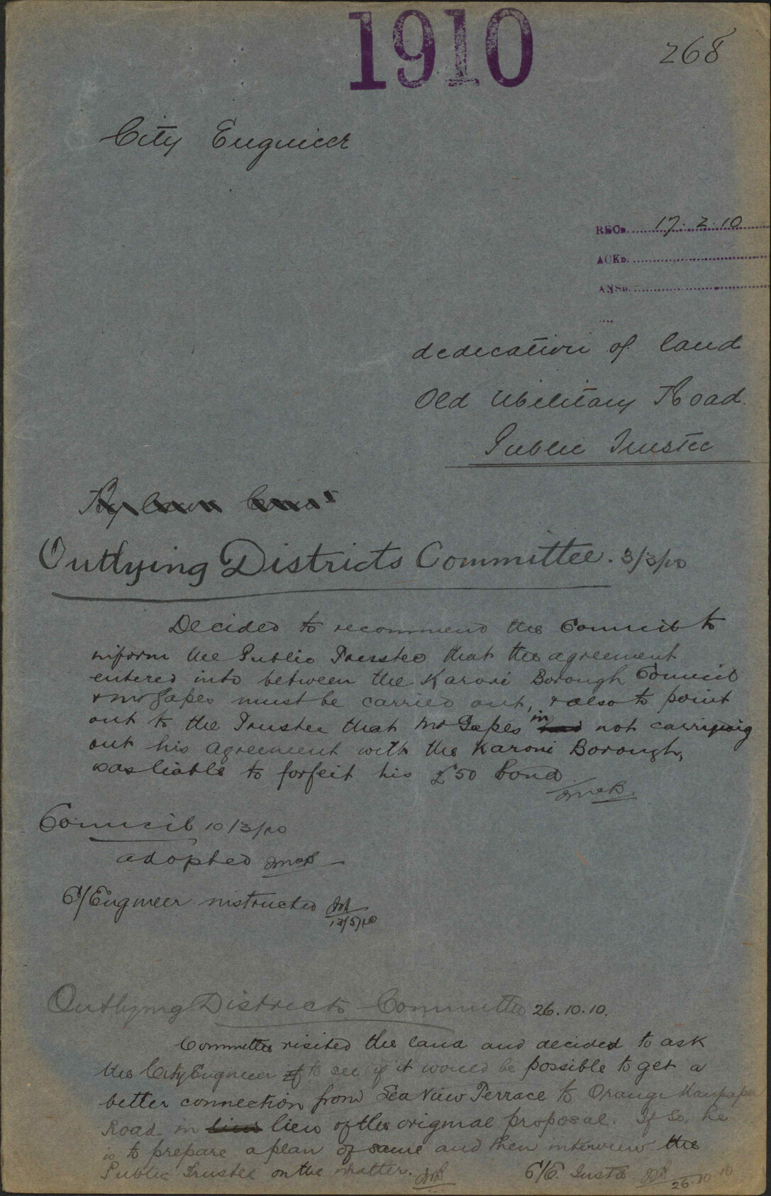 Dedication of land, Old Military Road, Public Trustee - City Engineer