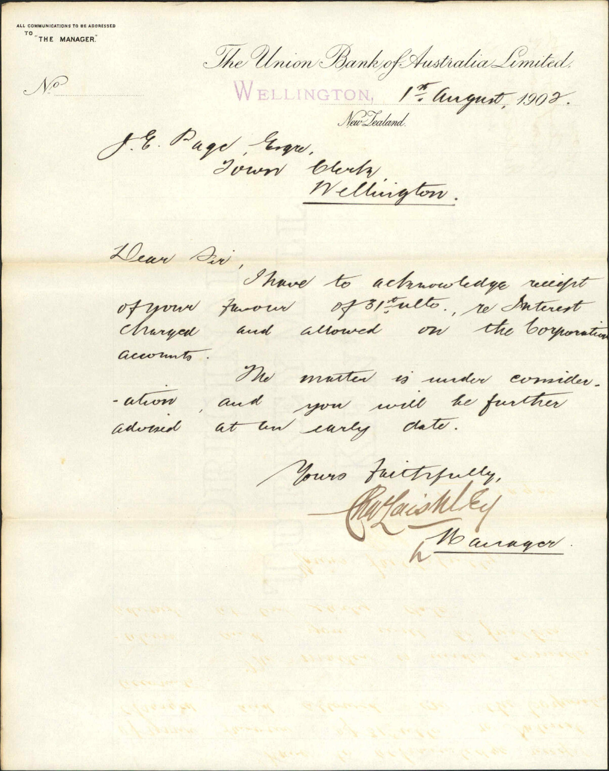 To the Town Clerk from the Union Bank of Australia Ltd. re interest on overdraft