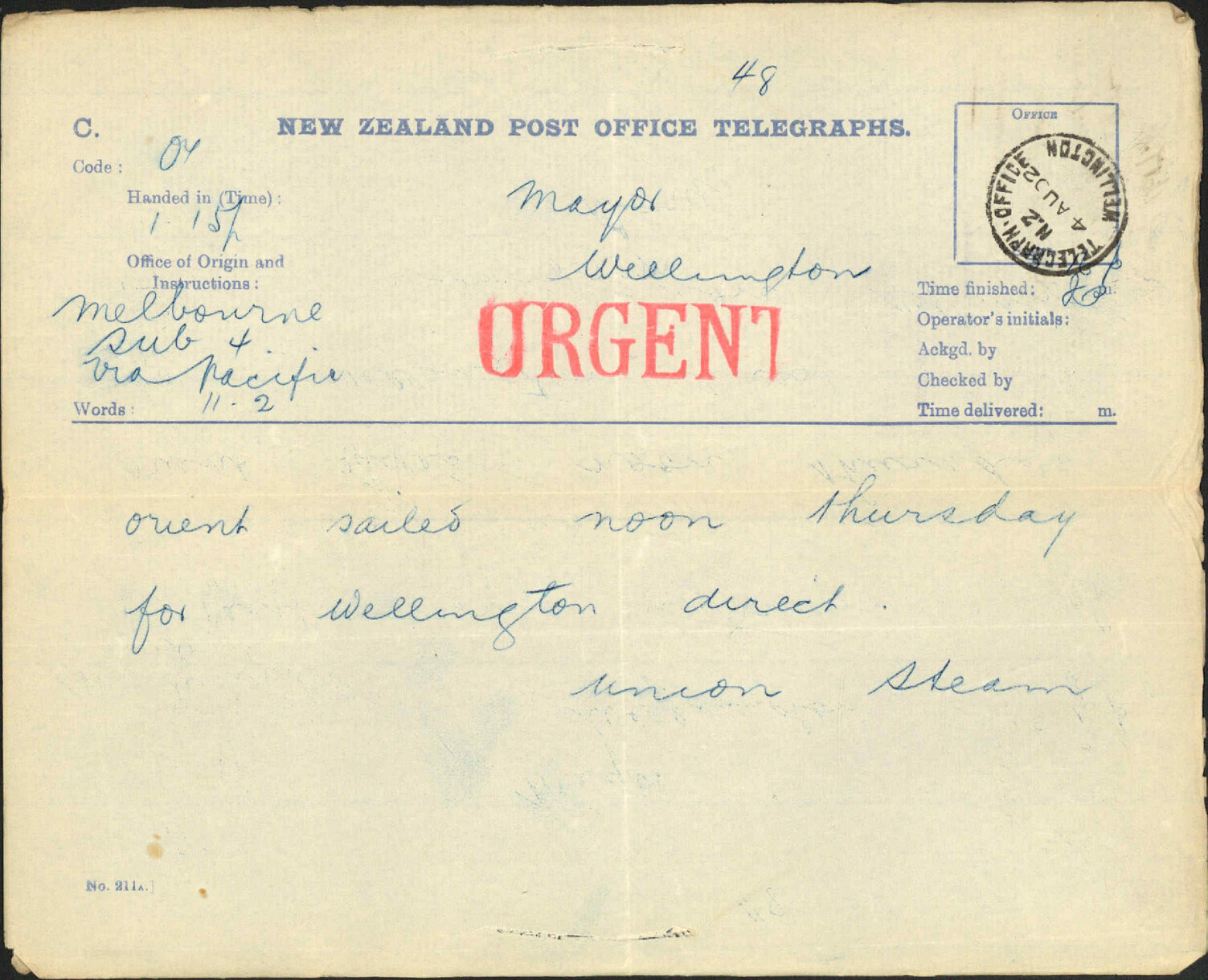 To the Mayor from Union Steam: Orient will sail from Melbourne to Wellington