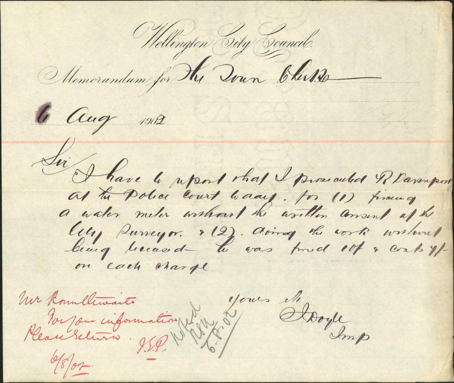 Reporting a prosecution. To the Town Clerk from the Inspector of Nuisances