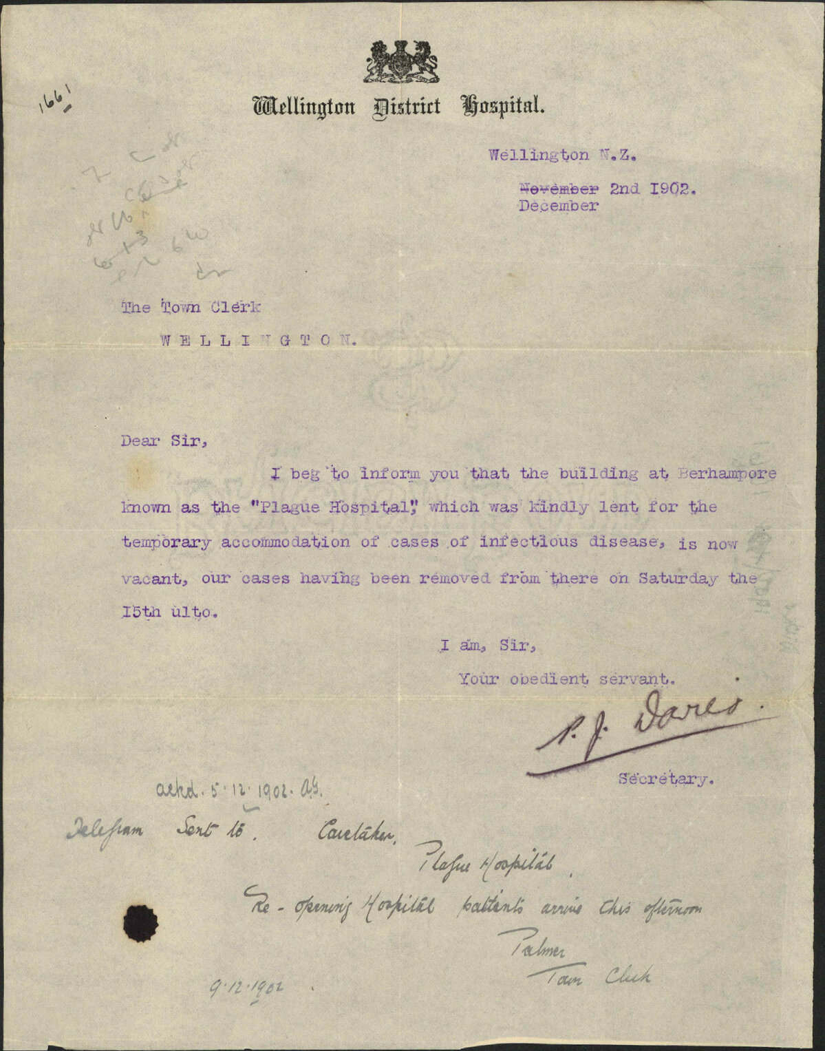 Plague Hospital in Berhampore Street, Town Clerk from Wellington District Hospital