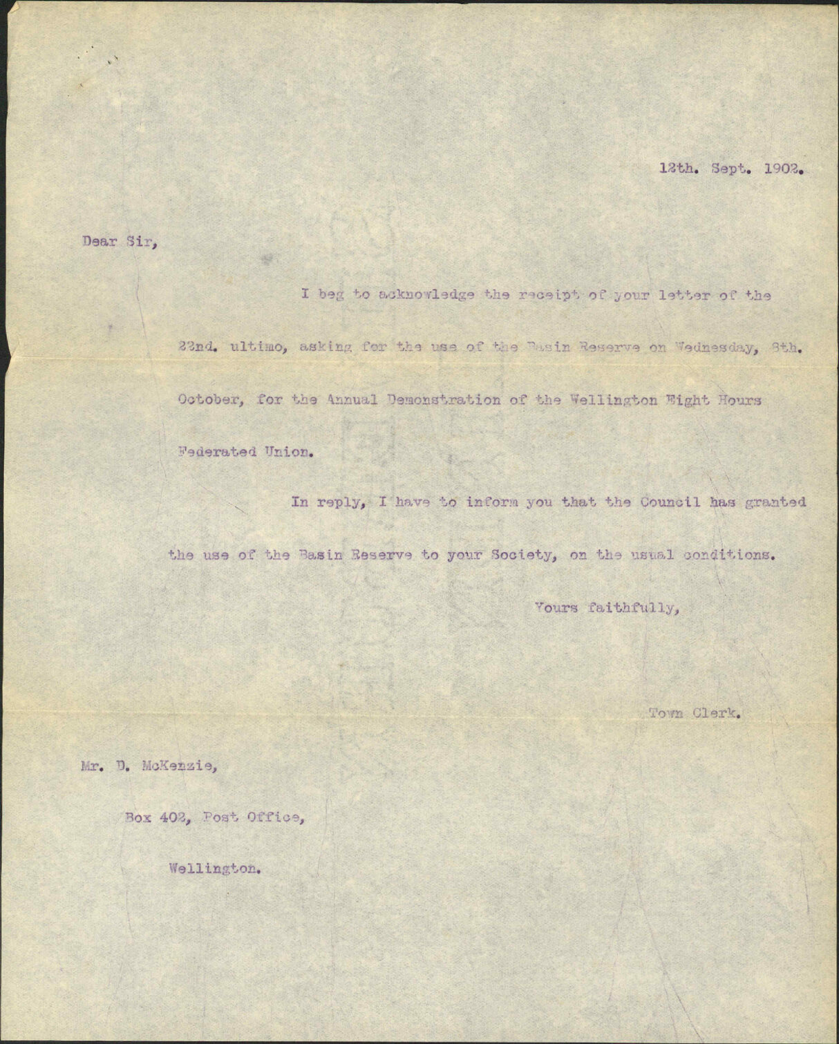 Eight Hours Union asking to use the Basin Reserve.