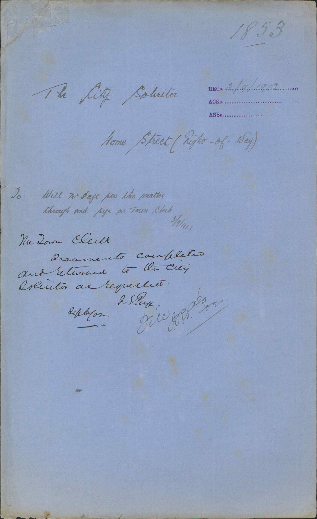 Home street, Right of way. To the Town Clerk from the City Solicitor