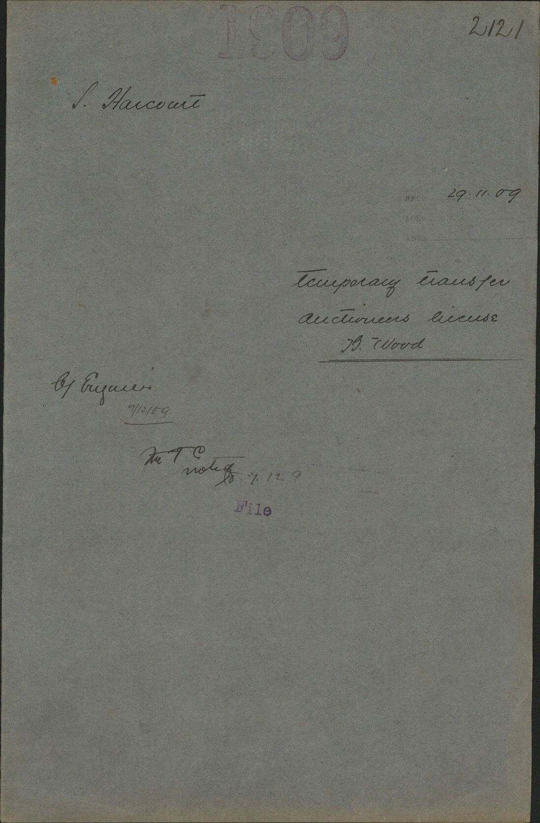 Temporary transfer, Auctioneers license, B Wood - S Harcourt
