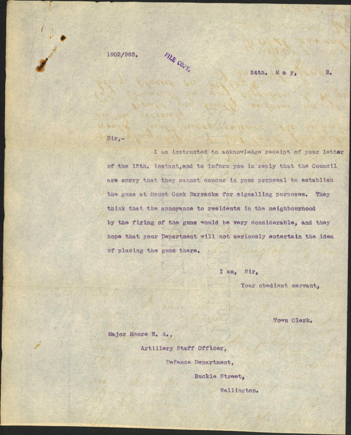Proposal to establish guns at Mount Cook Barracks