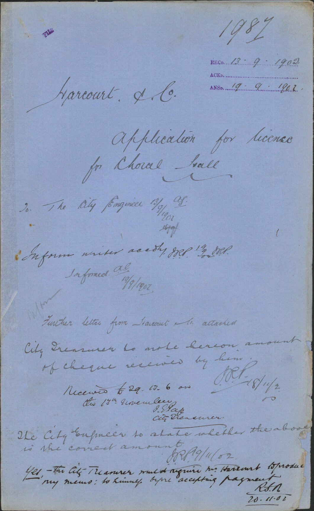 Application for Licence for Choral Hall