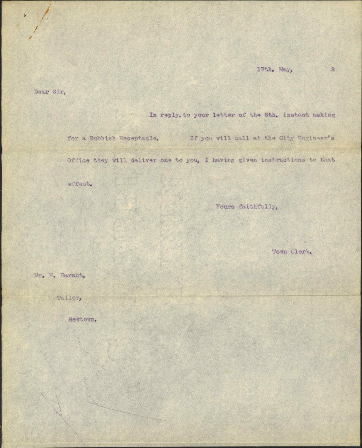 Mr W. Barsht, asking for a rubbish bin