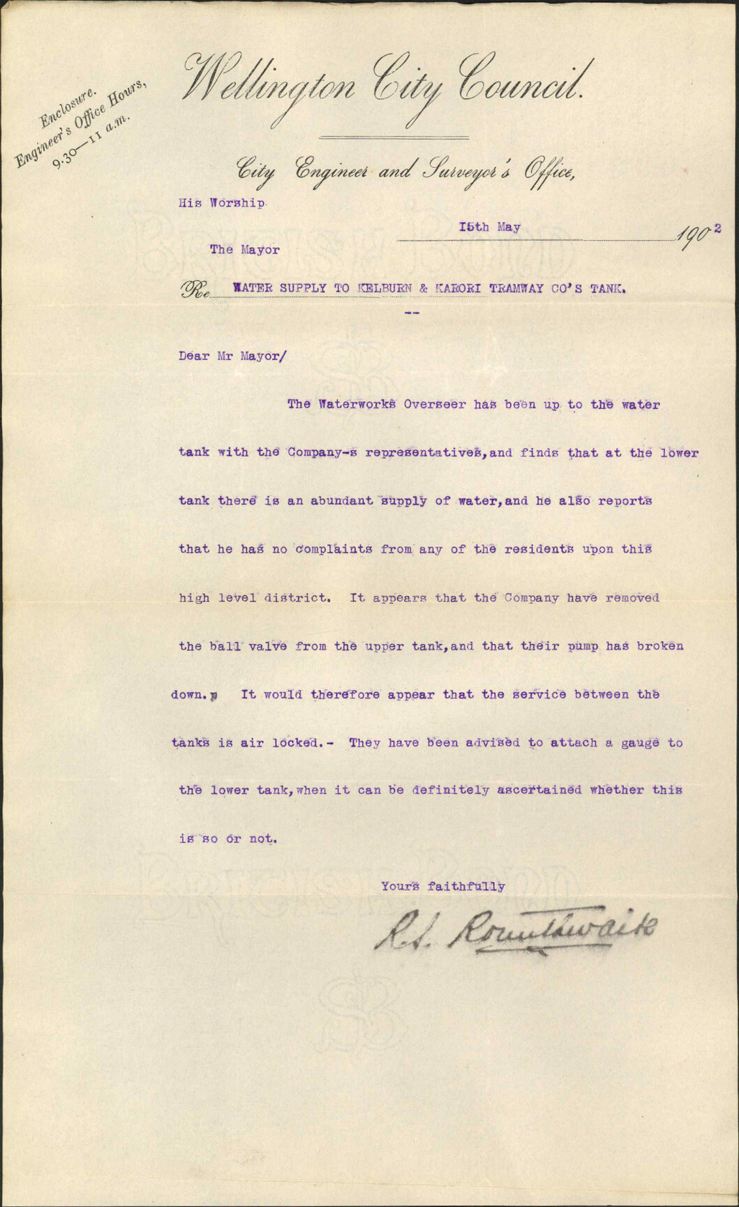 Water supply to Kelburne (Kelburn) Tramway Company. To the Mayor from the City Engineer