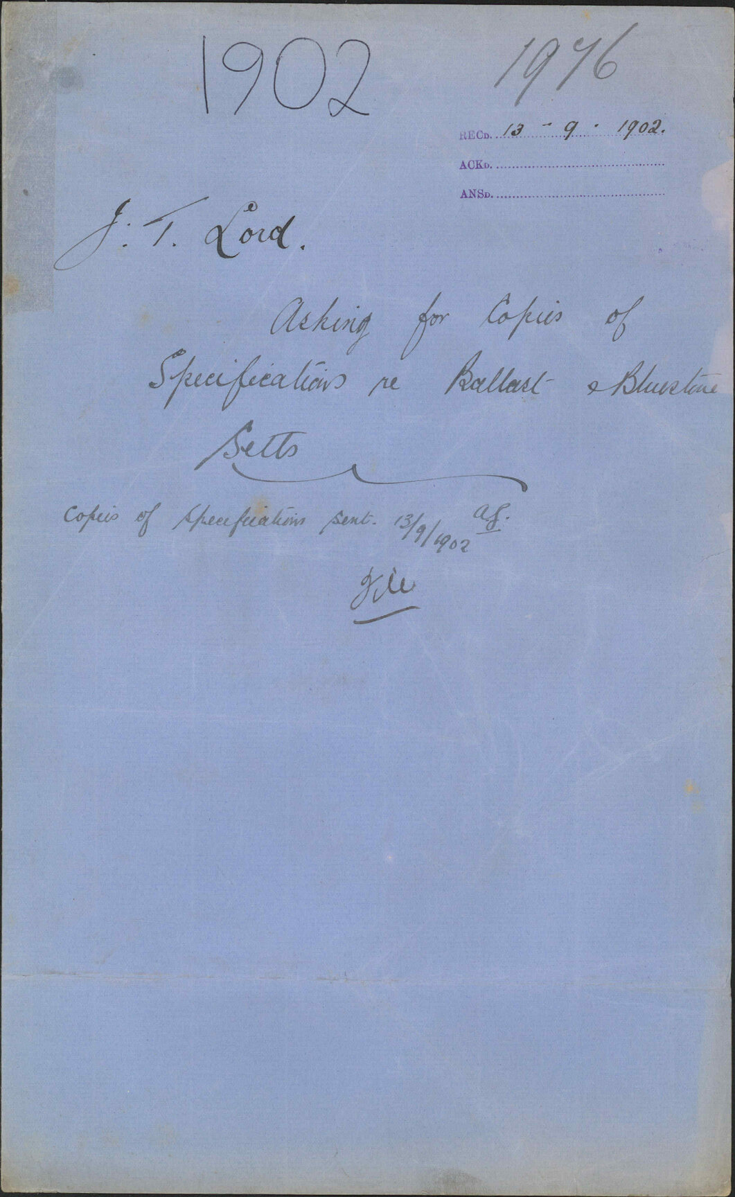 Asking for copies of specifications RE: ballard and bluestone setts. To the Town Clerk from J. Lord