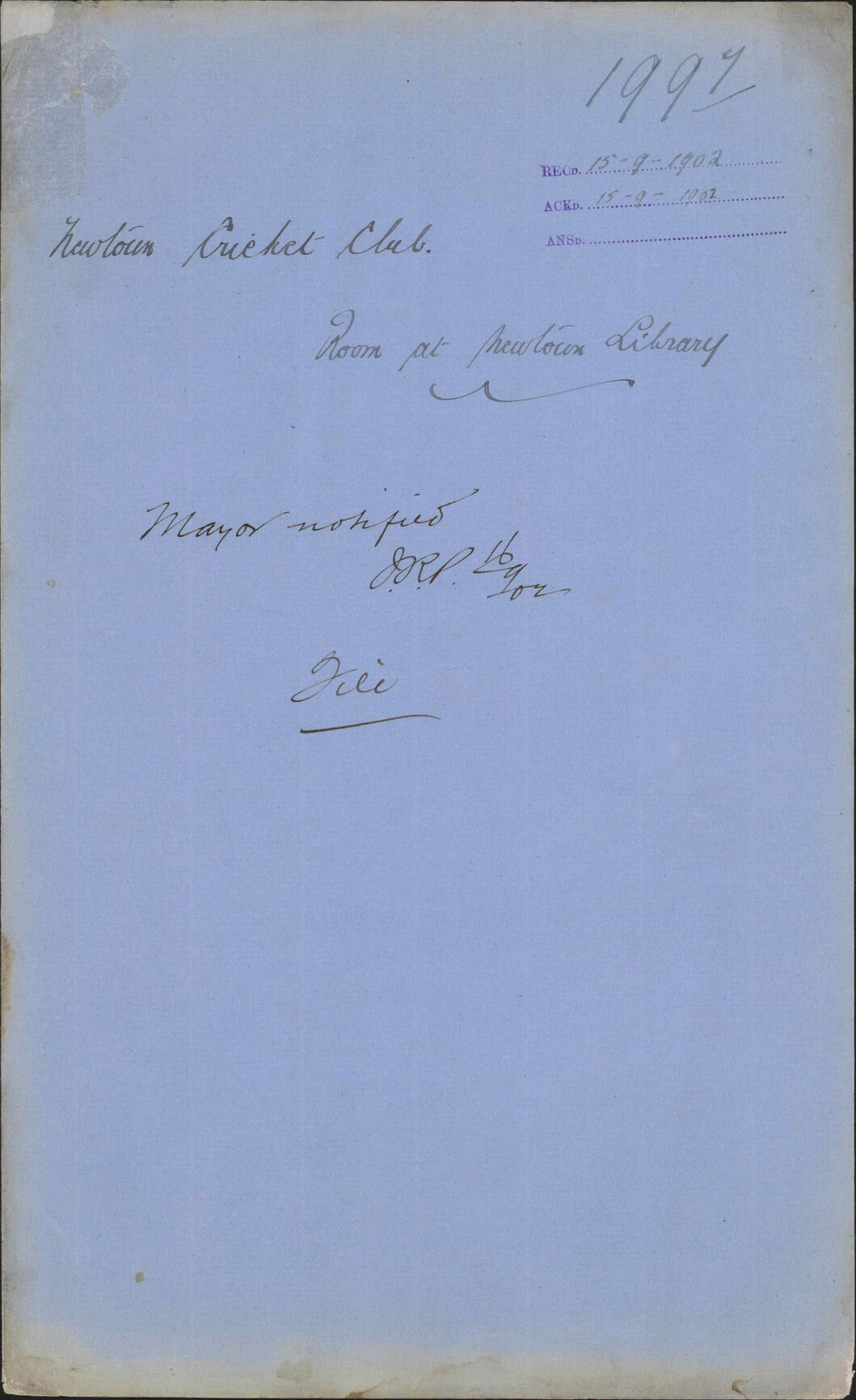 Room at Newtown Library. To the Town Clerk from the Newtown Cricket Club