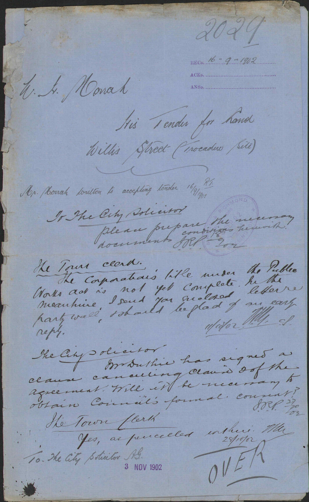 His tender for land Willis Street , W H Morrah