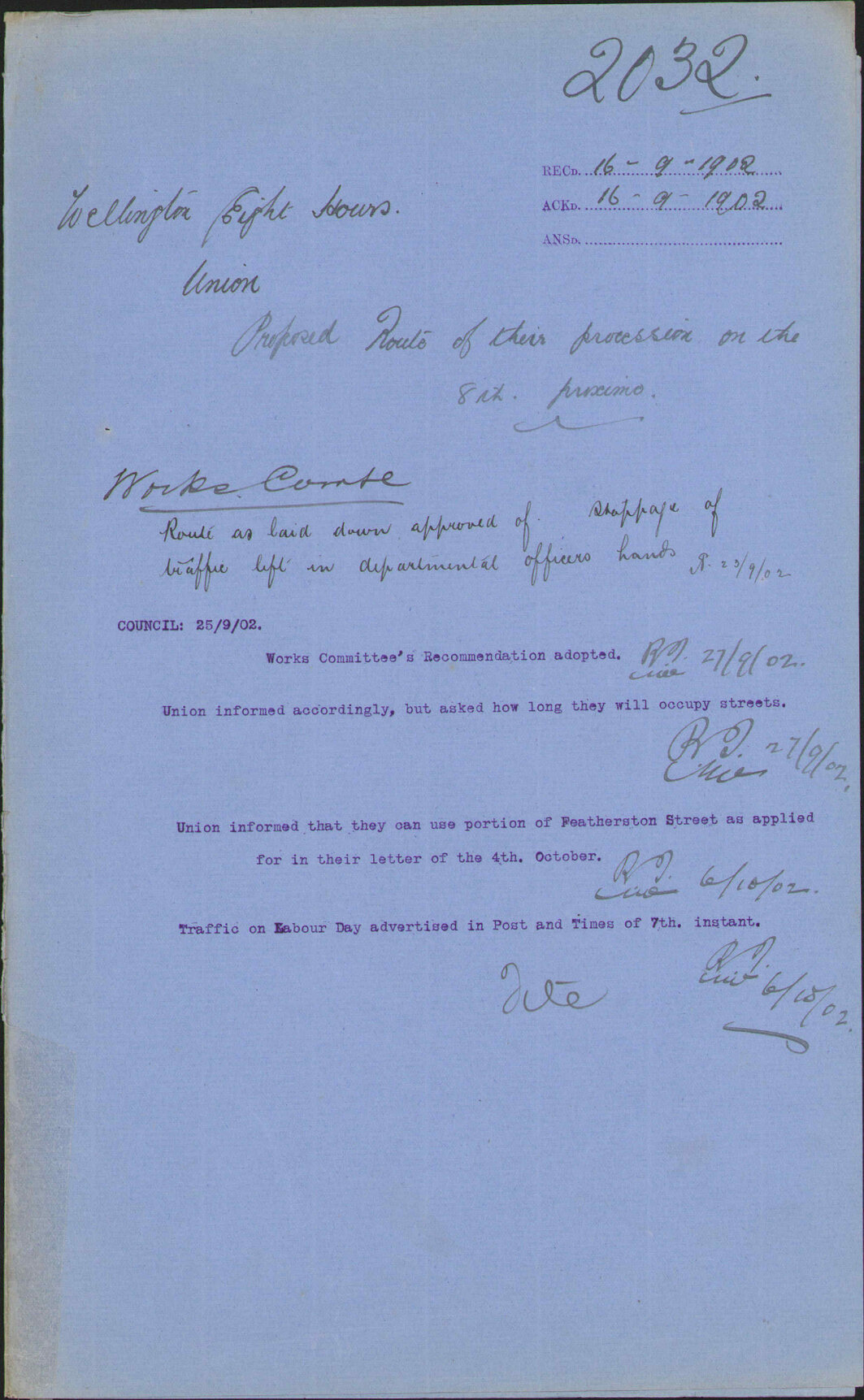 Proposed route of their procession, Wellington Eight Hours Union