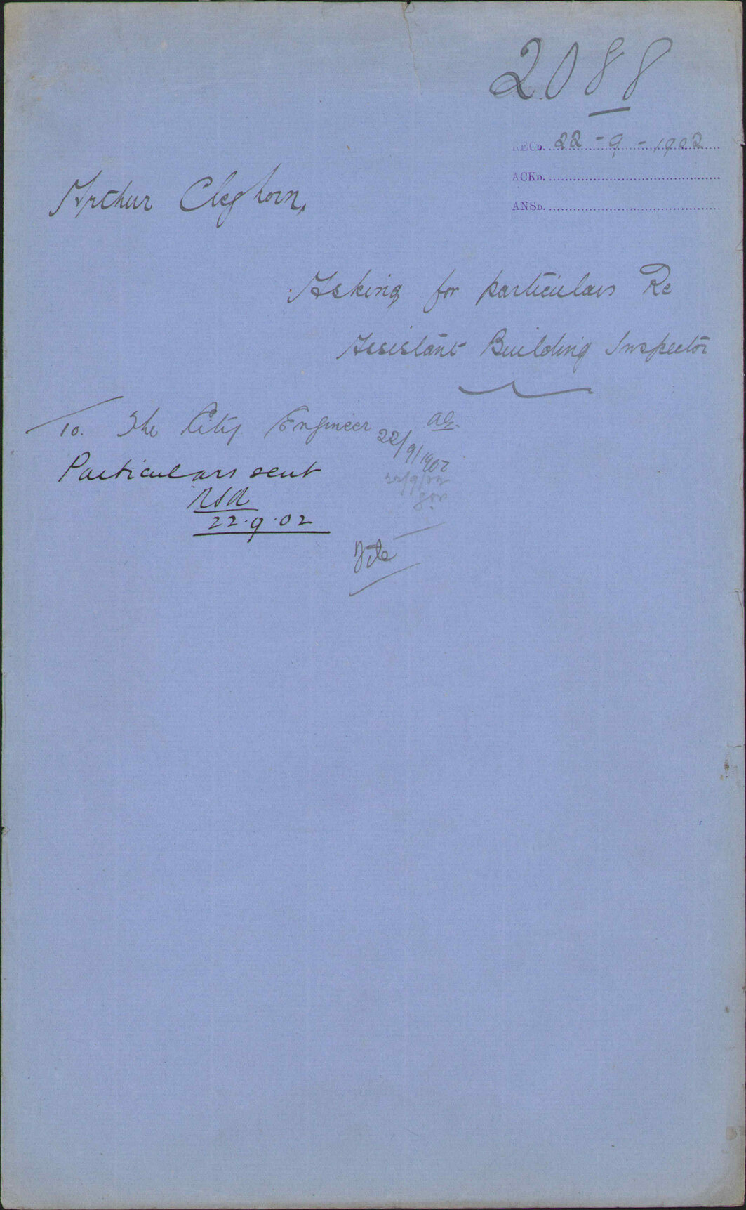 Asking for particulars re: Assistant Building Inspector, Arthur Cleghorn