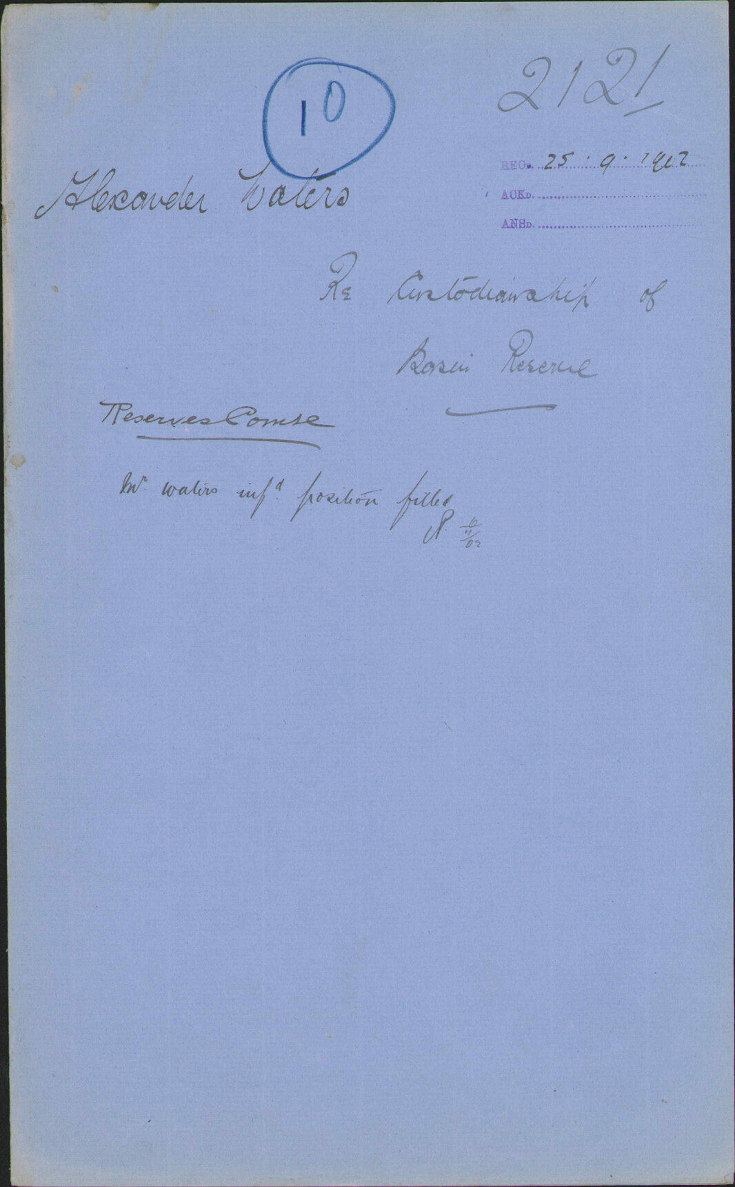 Re custodianship of Basin Reserve, Alexander Waters
